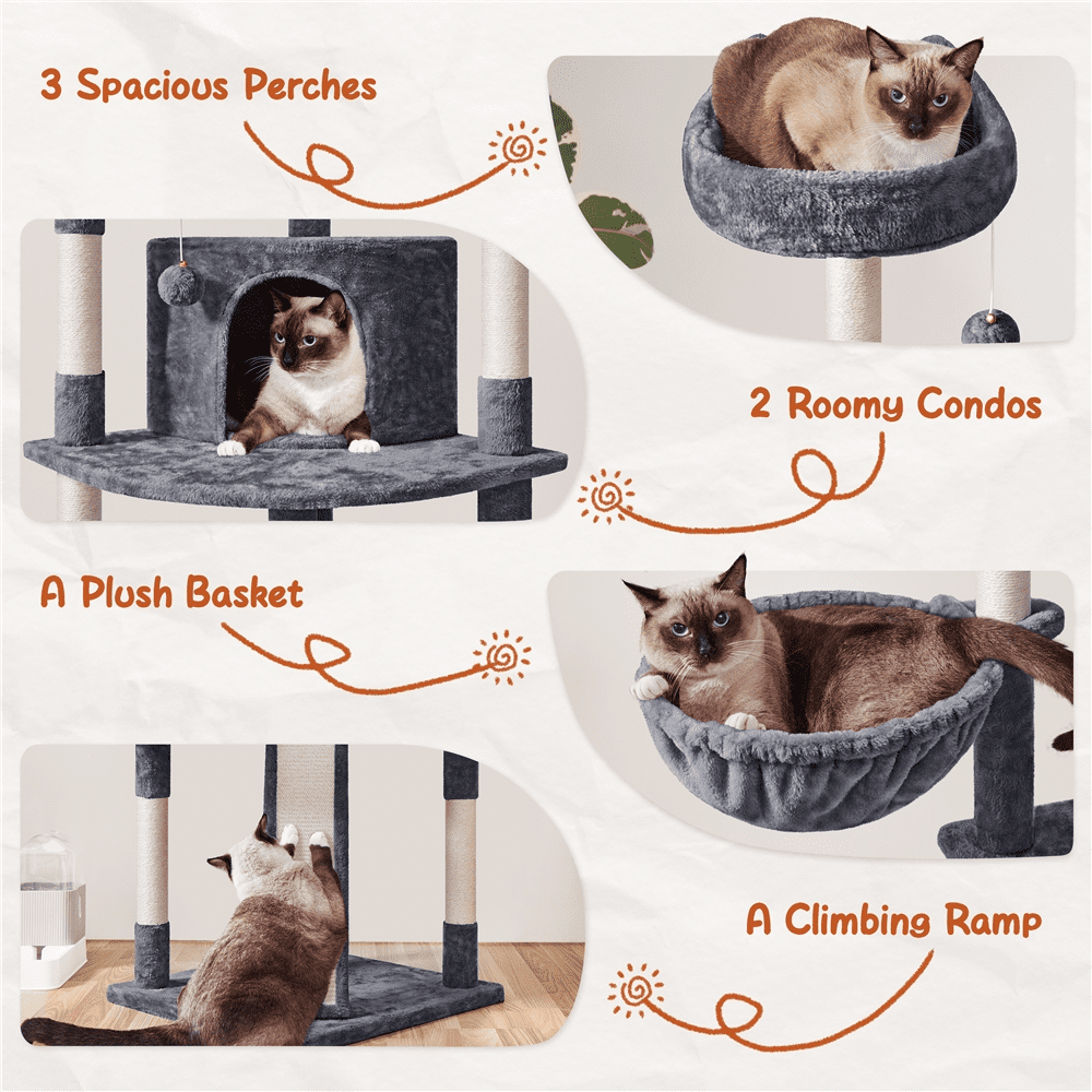 Alden Design 76"H Large Multilevel Cat Tree Tower with Condos and Perches, Dark Gray - Image 10