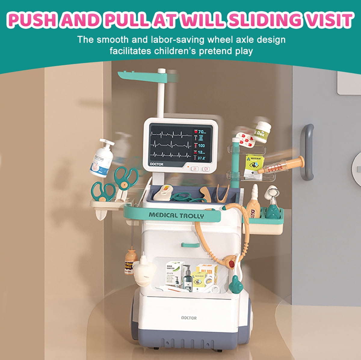 PayUSD Doctor Kit for Kids Doctor Set Pretend Play Medical Kit Station Set for Girls Boys Dr. Playset Role Play Mobile Cart Trolley for Toddler Toys Christmas Gift, 26 PCS - Image 8