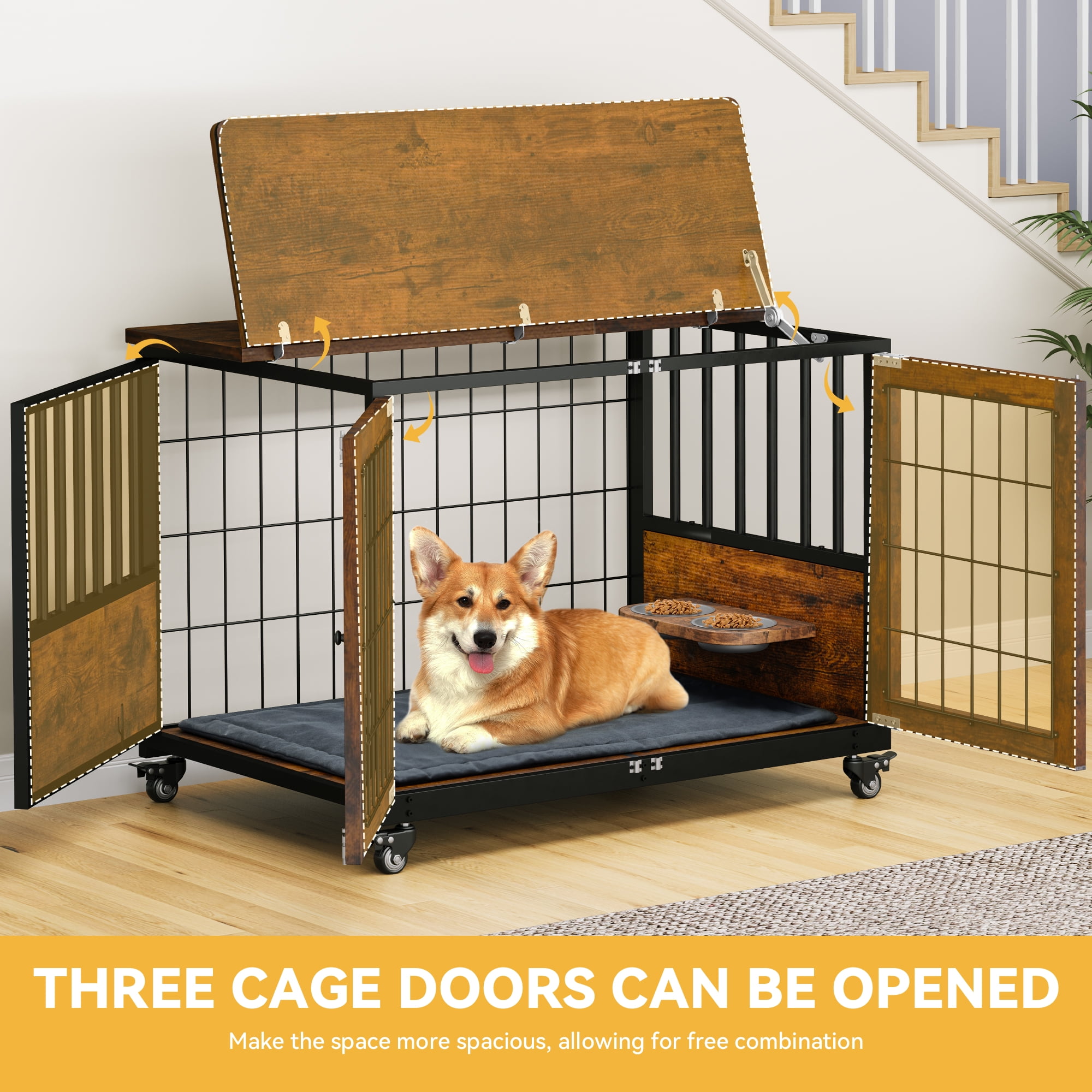 Uforic 32 inch Wooden Dog Crate Furniture,Double-Doors Kennel Indoor with Divider and 2 swirling bowls,End Table Dog Crate for Small Medium Dogs, 31.4"L x 22"W x 27.9"H, Dark Brown - Image 3