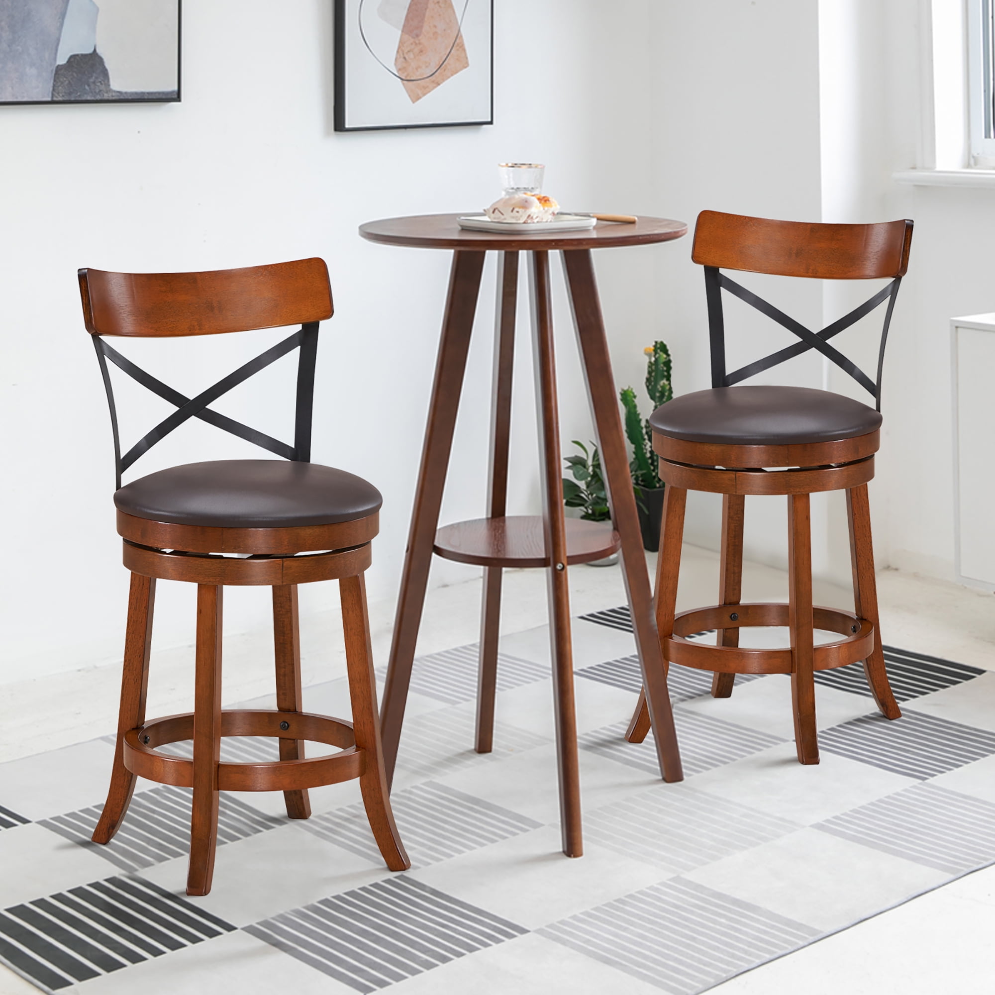 Costway Set of 2 Bar Stools Swivel 25'' Dining Bar Chairs with Rubber Wood Legs - Image 6