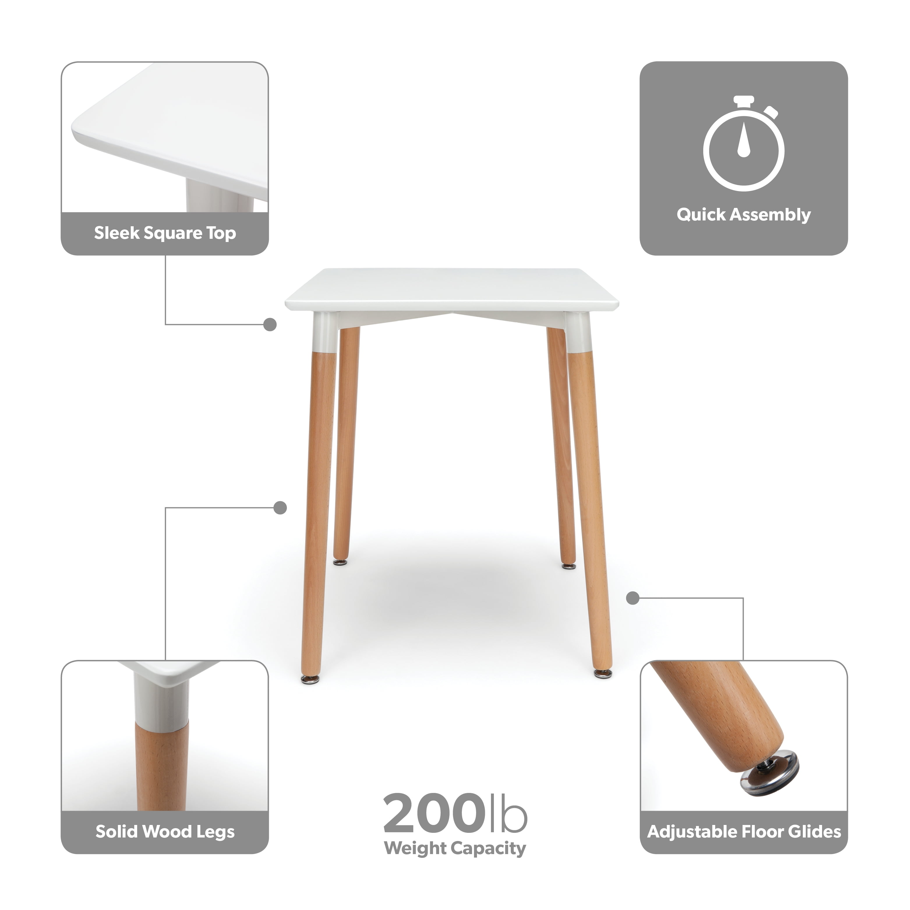 OFM Mid Century Modern 24" Square Dining Table, Solid Wood Legs, White - Image 8