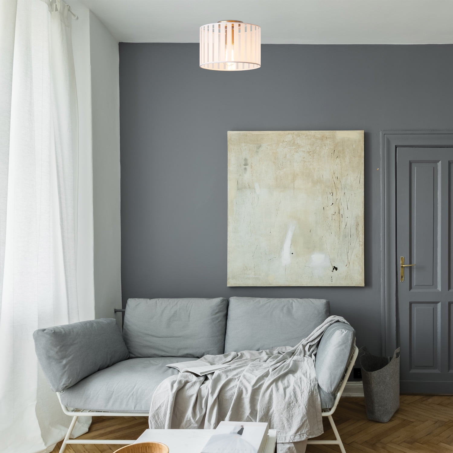 Novogratz x Globe Electric Novogratz x Globe Brooklyn 1-Light Matte Brass Flush Mount Ceiling Light with Clear and White Striped Plastic Shade, 91002389 - Image 7