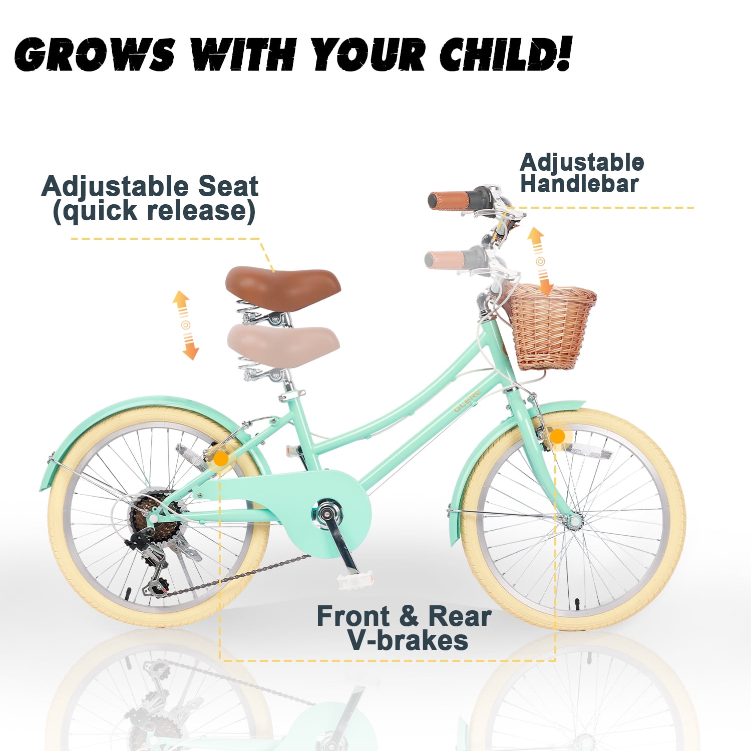 Glerc Missy 20" Girl Bicycle for Youth Over 6 Years Old Kids, Teenager with Wicker Basket, Mint Green - Image 7