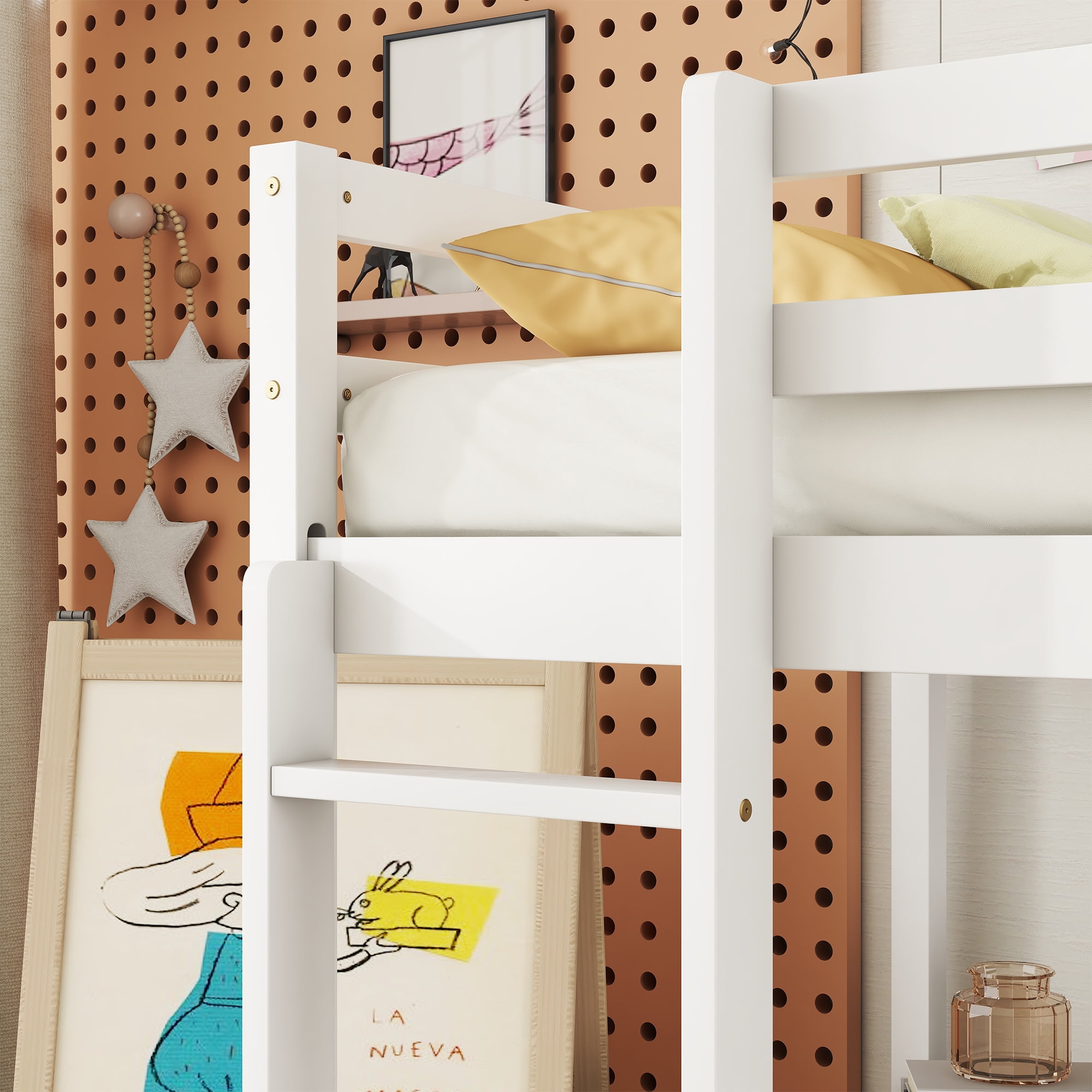 Miniyam Twin Size Loft Bed with Built-in Desk, Storage Cabinet for Kids and Teens, White - Image 6