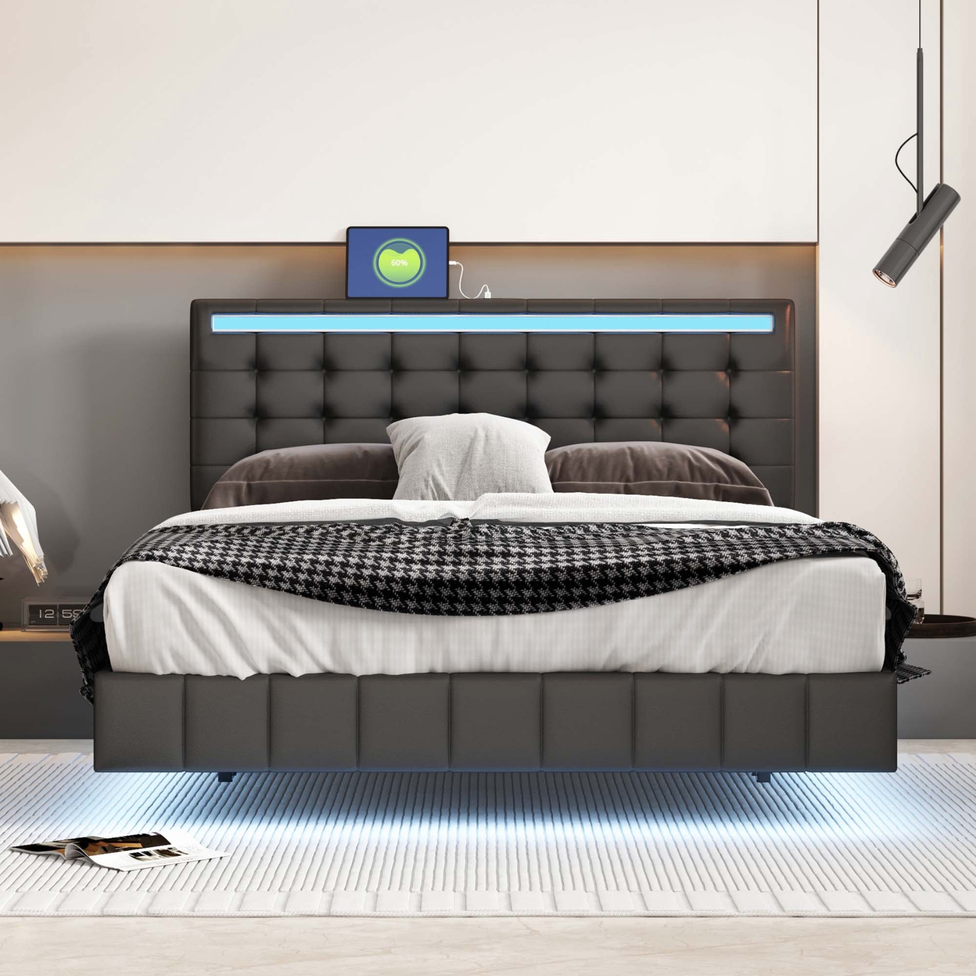 Aukfa Upholstered LED Bed, Queen Platform Bed with LED Lights and USB Ports - Black - Image 3