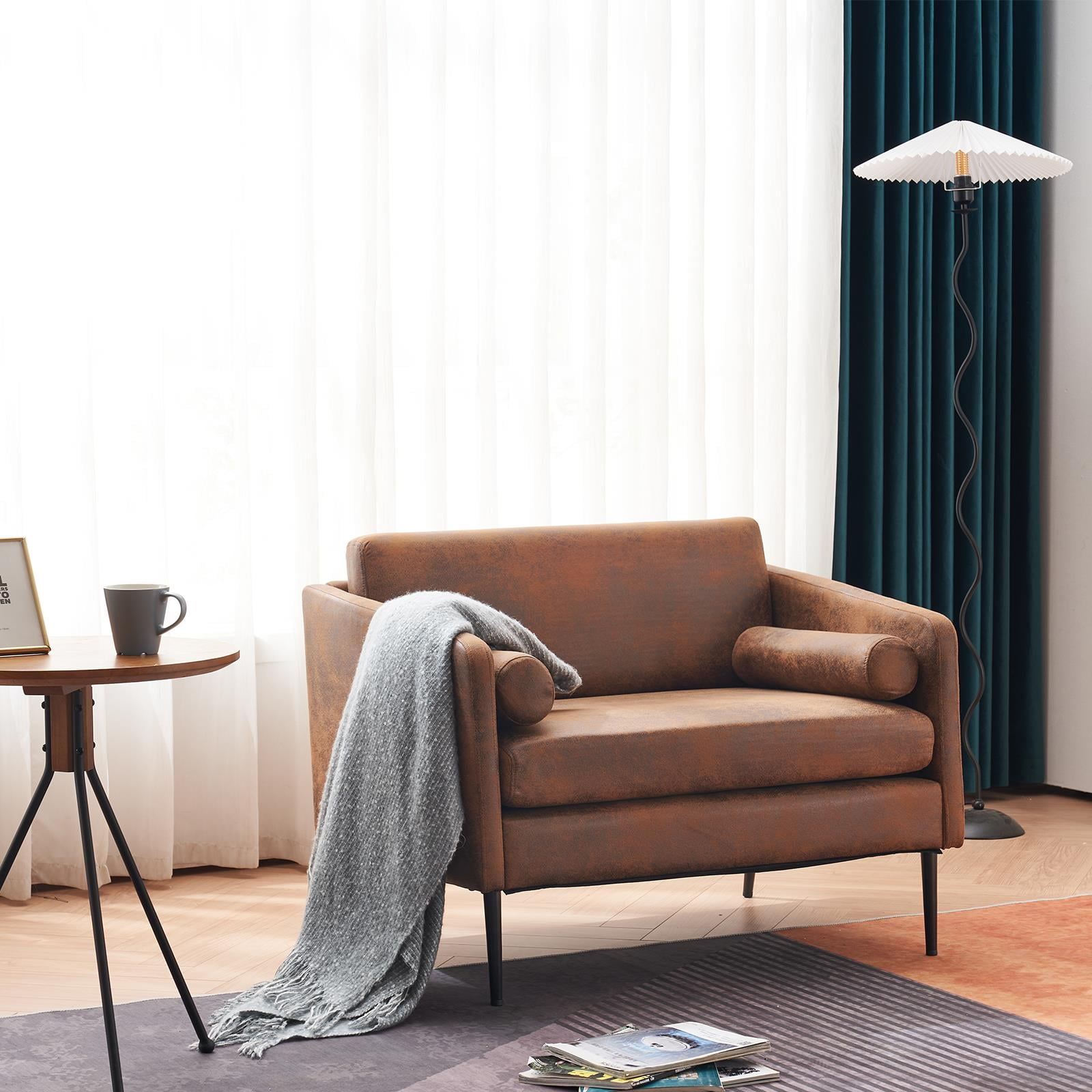 Ktaxon Mid-Century Accent Chair, Oversized Armchair with 2 Waist Pillows, Bronzing Cloth Sofa for Living Room Brown - Image 7