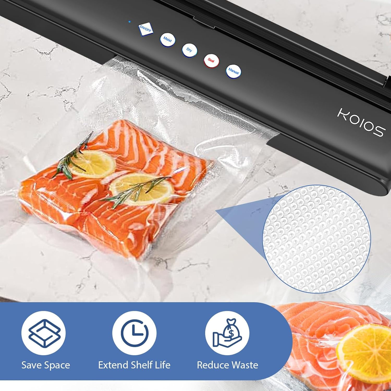 KOIOS Automatic Food Sealer Machine with Cutter, Dry & Moist Modes, with 10 Sealing Bags & Air Suction Hose - Image 5