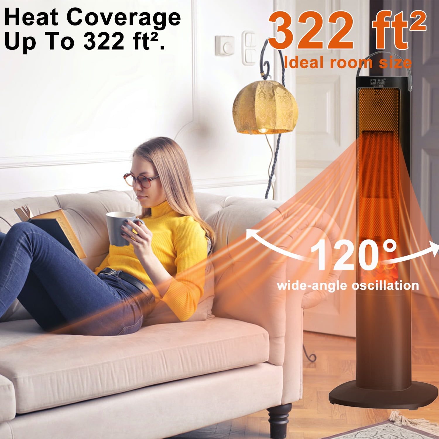 Space Heater, 37" 1500W Electric Tower Heaters with 3 Modes, Timer and Remote Control, PTC Ceramic Fast Safety Heat for Office Bedroom Home and Indoor - Image 4