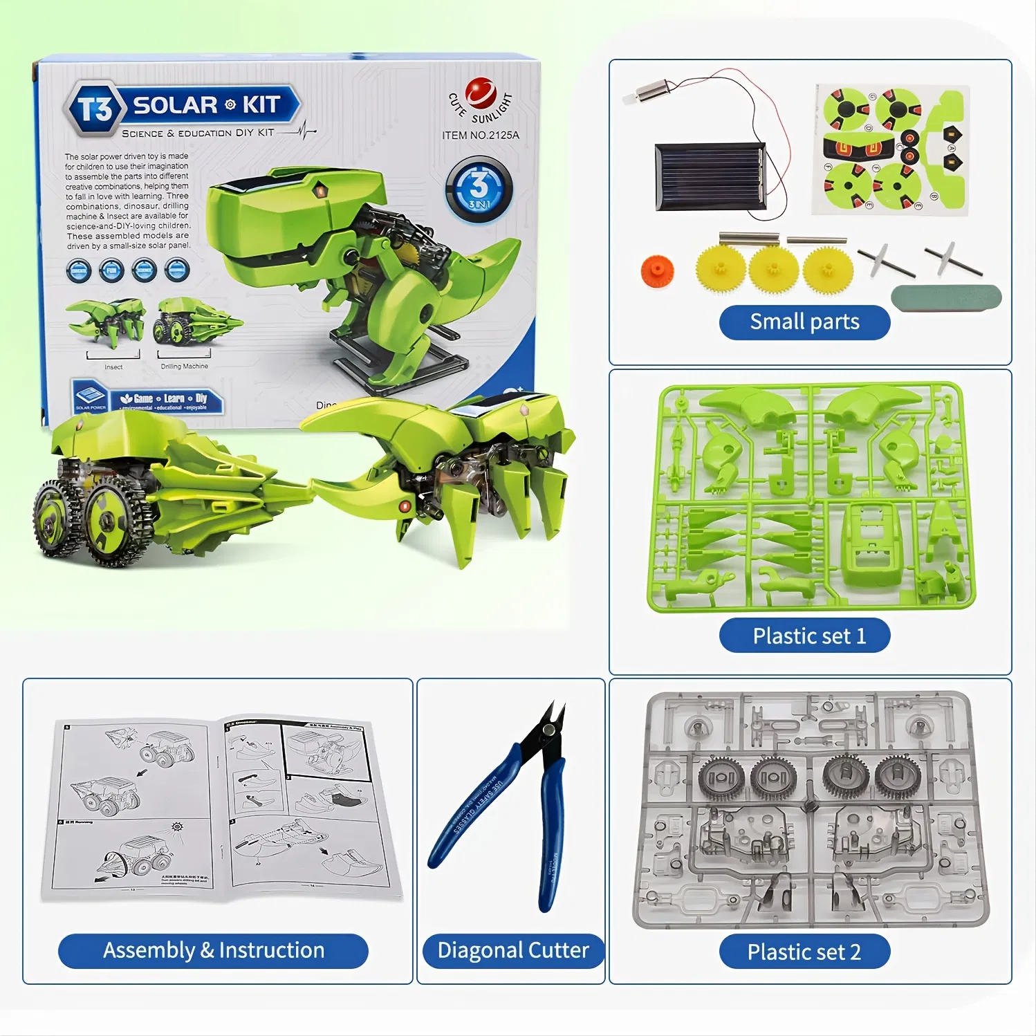 CEDQ Educational STEM Toys, 3-in-1 Solar Robot Dinosaur Kit, DIY STEM Dinosaur, Insect Unicorn, Drilling car Toys, Science Kit for Kids 8-12 Years Old Gifts, Build a Robot DIY Toys, Green - Image 12