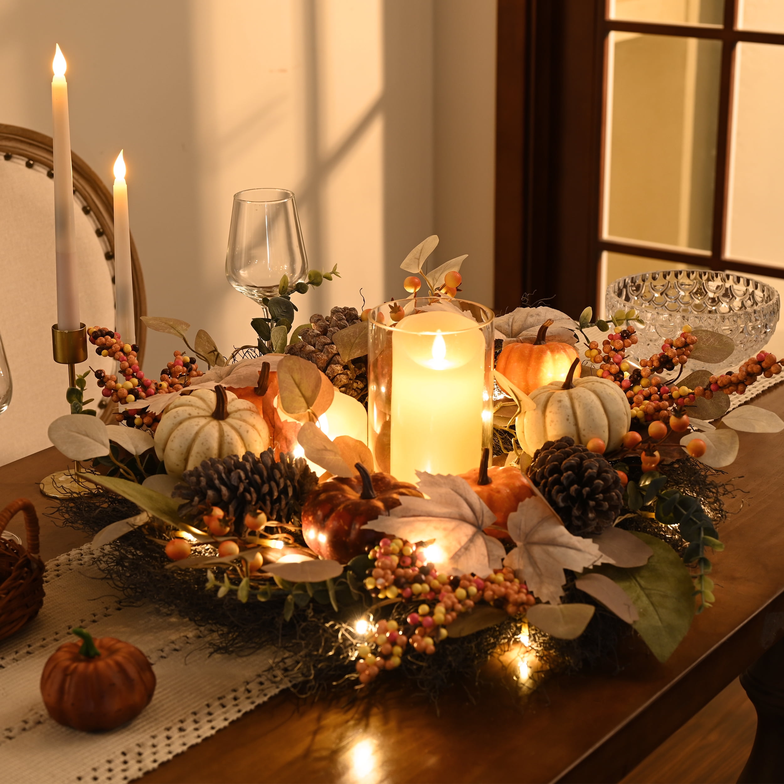 Valery Madelyn 24 inches Pre-Lit Fall Wreath Lighted Thanksgiving Wreath with Red Orange White Pumpkin & Pine Cone Harvest Wreath for Front Door Fireplace Farmhouse - Image 2