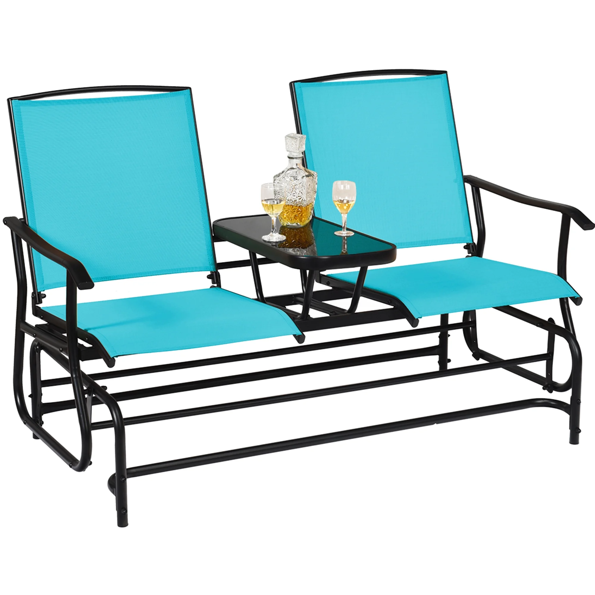 Gymax Patio 2-Person Glider Rocking Char Loveseat Garden w/ Tempered Glass Table Turquoise - Image 10