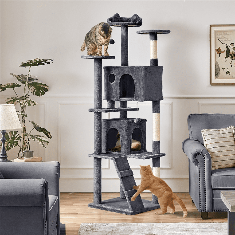 Alden Design 80″ Tall Multilevel Cat Tree with 2 Condos & 3 Scratching Posts for Kittens, Dark Gray - Image 6