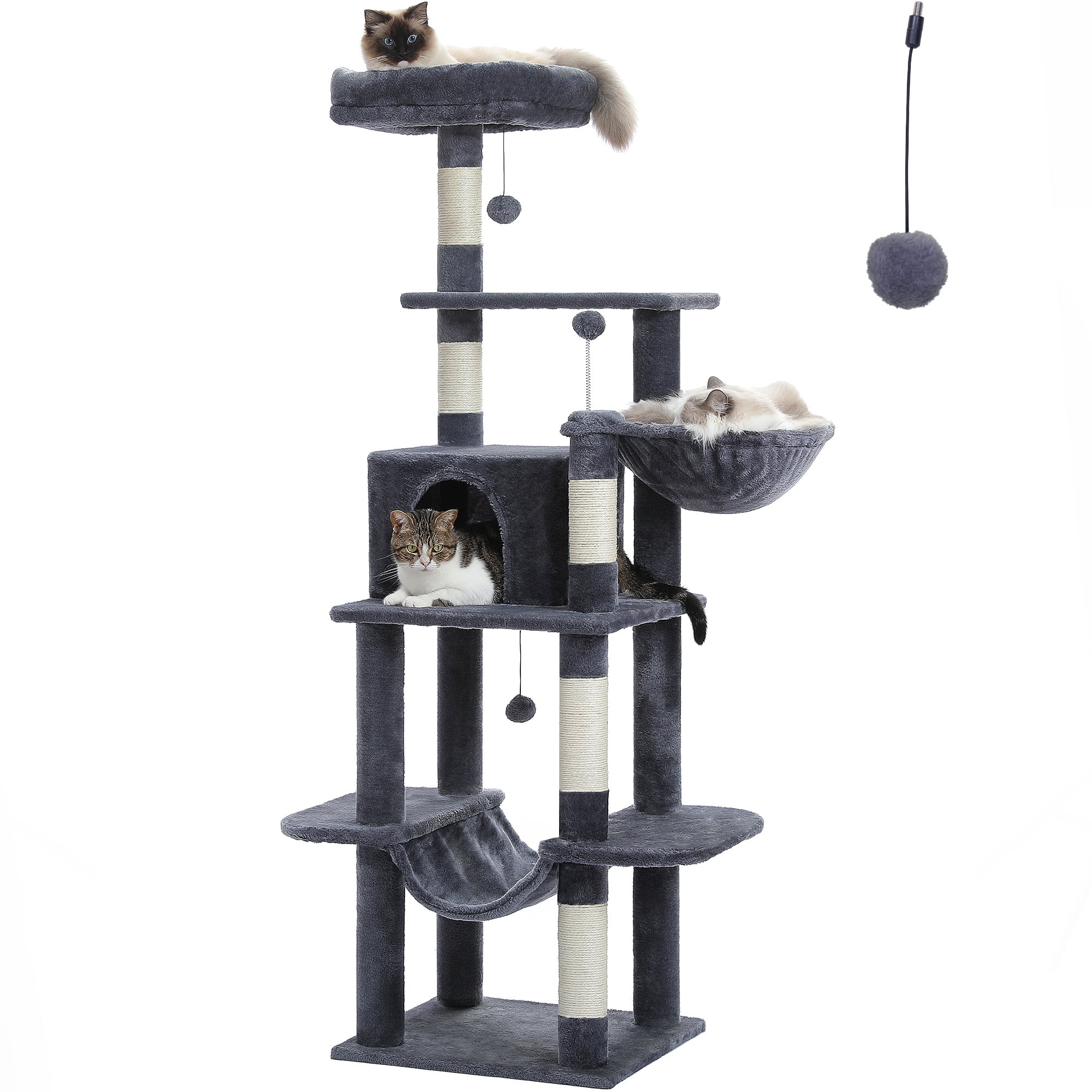 PAWZ Road 64" Cat Tree 5-Tier Sisal Scratching Post Tower Hammock Perch for Indoor Cats, Dark Gray - Image 4
