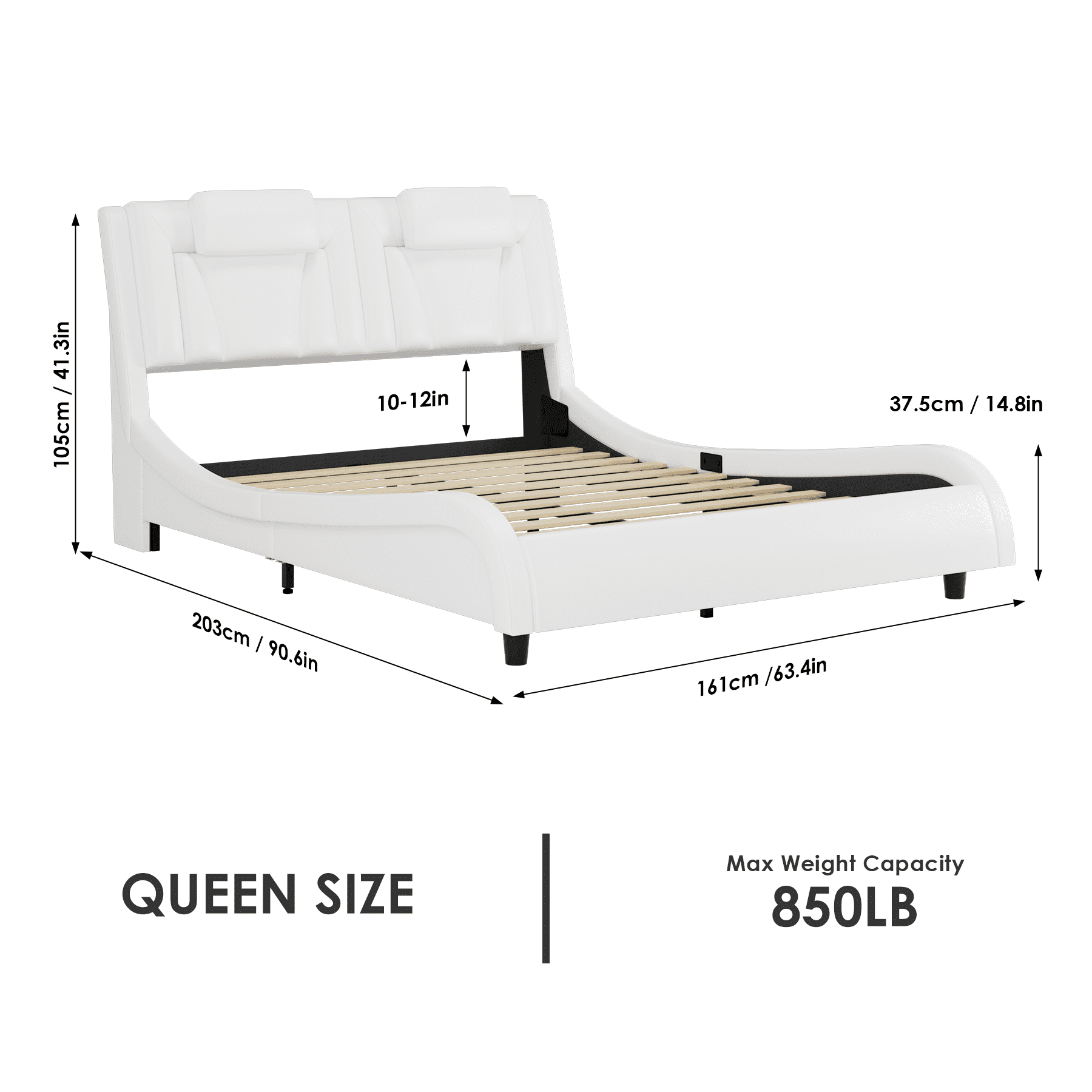 Homfa Queen Bed Frame with Adjustable LED Headboard, PU Leather Curved Upholstered Platform Bed Frame, White - Image 9