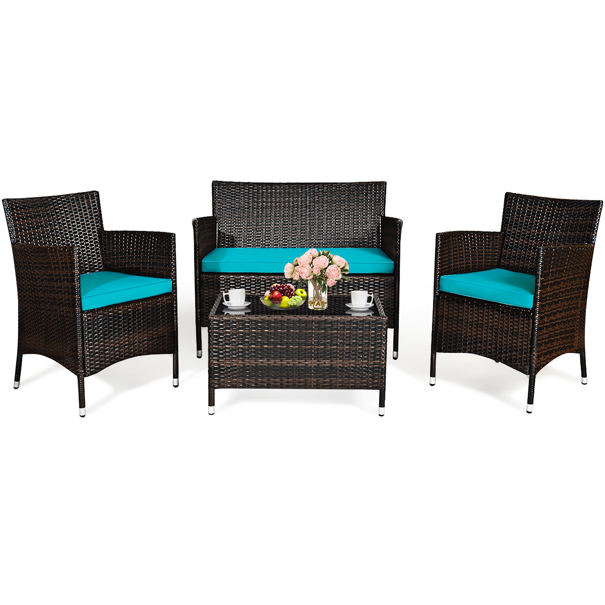 Costway 4PCS Outdoor Patio PE Rattan Wicker Table Shelf Sofa Furniture Set With Turquoise Cushion - Image 10