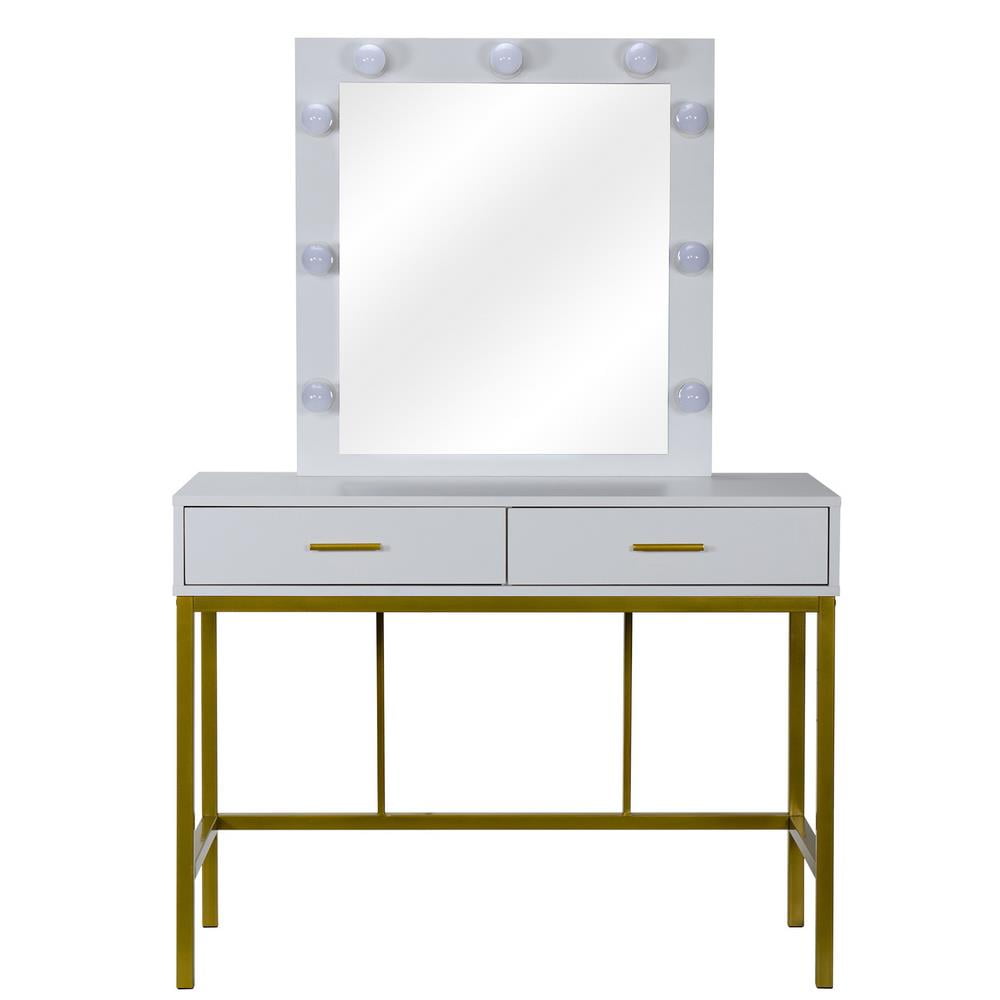 Zimtown Wood Vanity Set Makeup Table with Lighted Mirror Dressing Table Dresser Desk with 2 Drawers for Bedroom (White) - Image 5