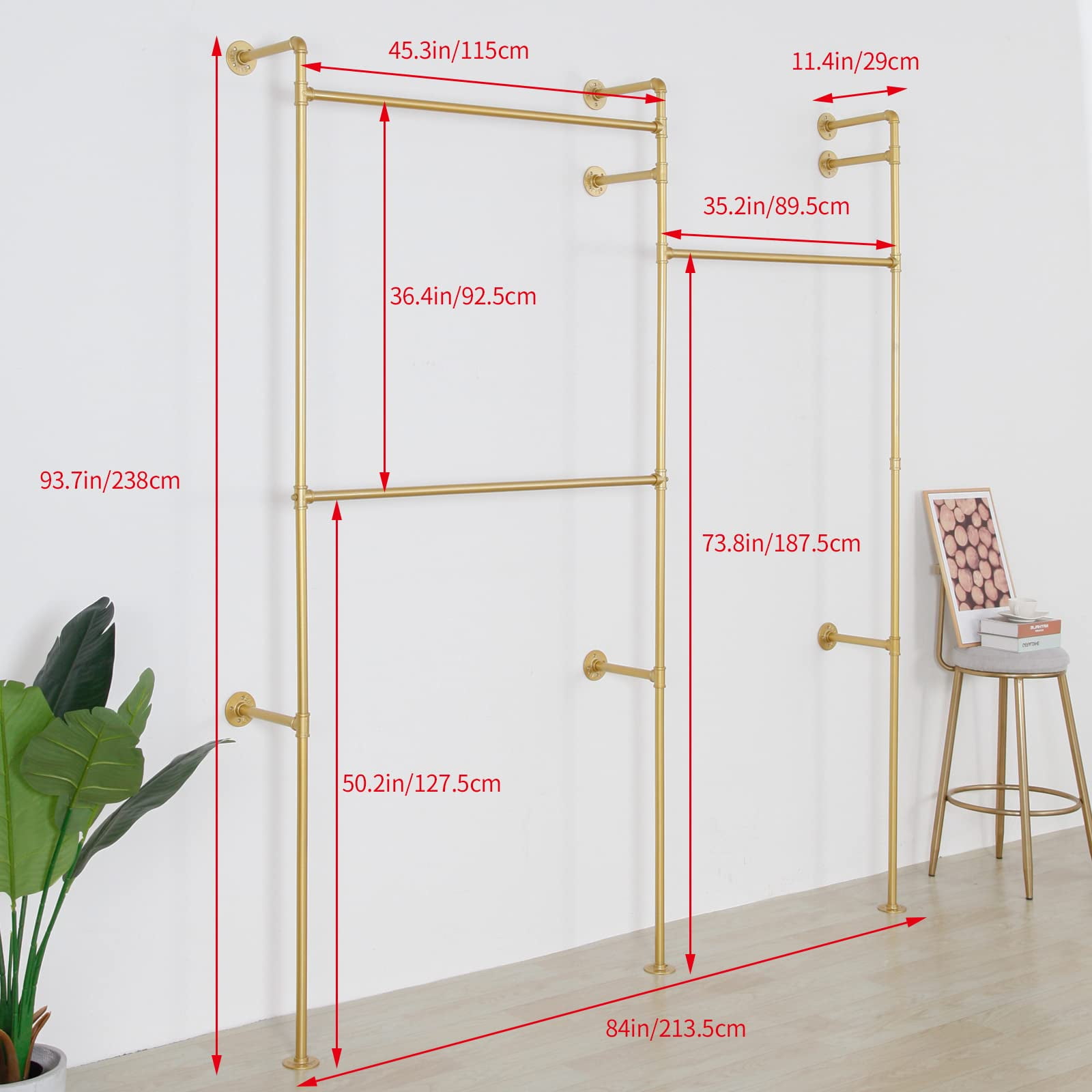 SSS Furniture Modern Simple Industrial Pipe Double Hanging Rods Clothing Rack, Clothes Rack Wall Mounted Heavy Duty Hanging Clothes Rack, Detachable Garment Bar 93.3X82.7inch (Gold) - Image 3
