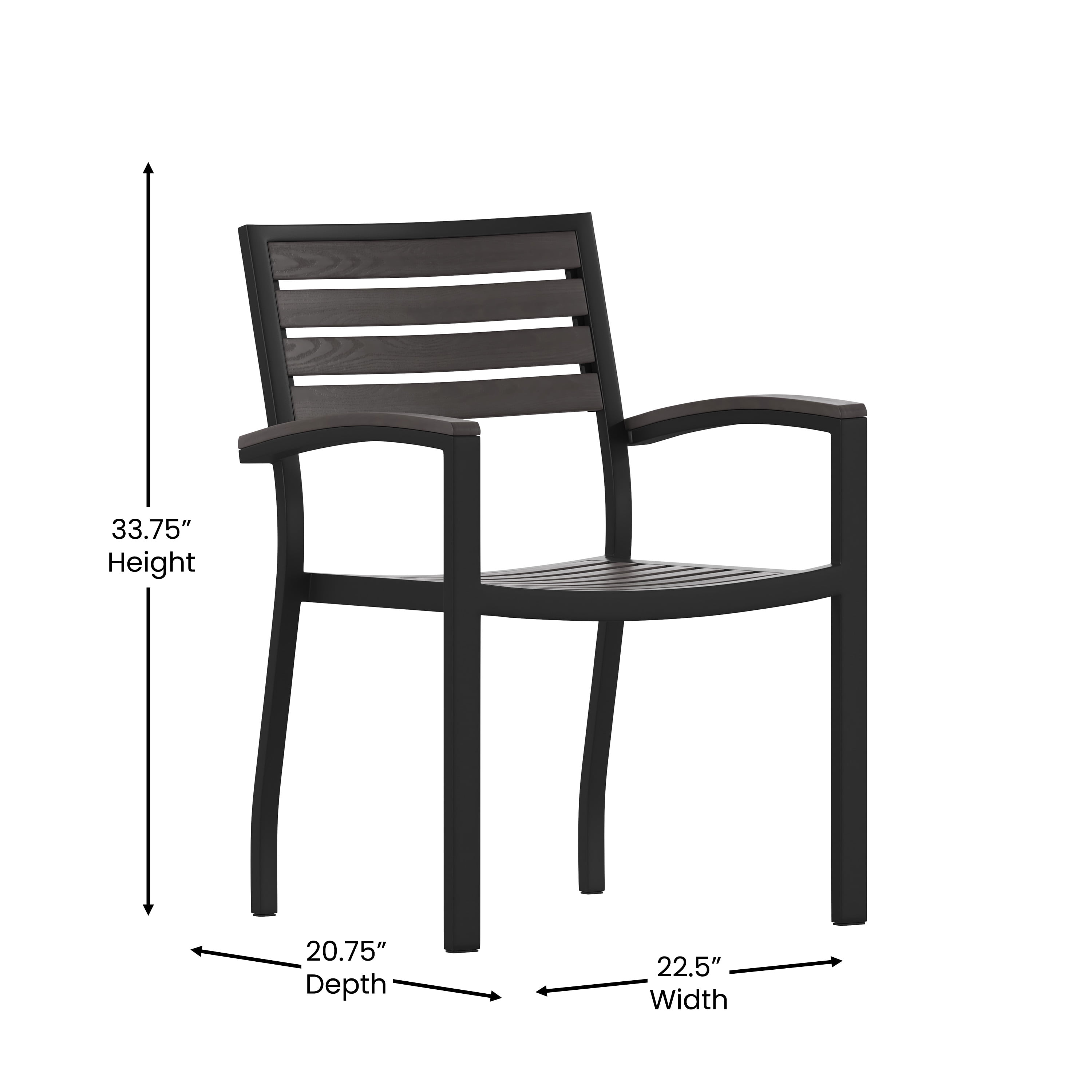 Flash Furniture Lark Set of 2 Outdoor Stackable Faux Teak Side Chairs - Commercial Grade Black Aluminum Patio Chairs with Synthetic Gray Wash Faux Teak Slats - Image 7