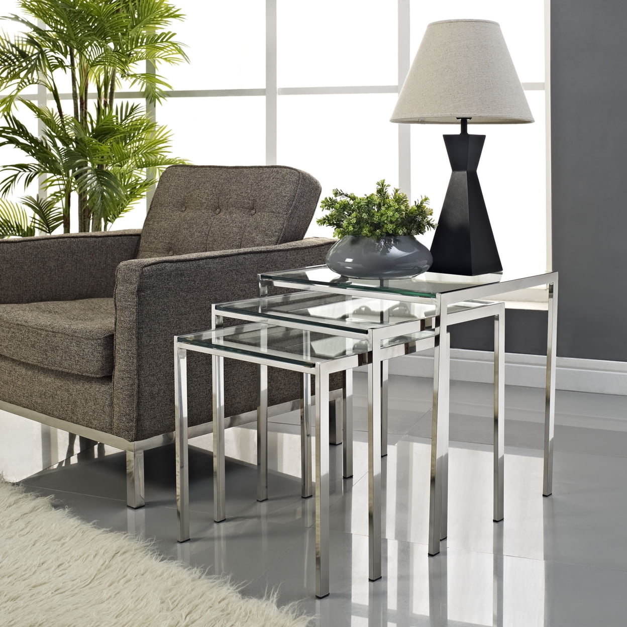 Modway Nimble Modern 3-Piece Nesting Table Set in Silver - Image 4