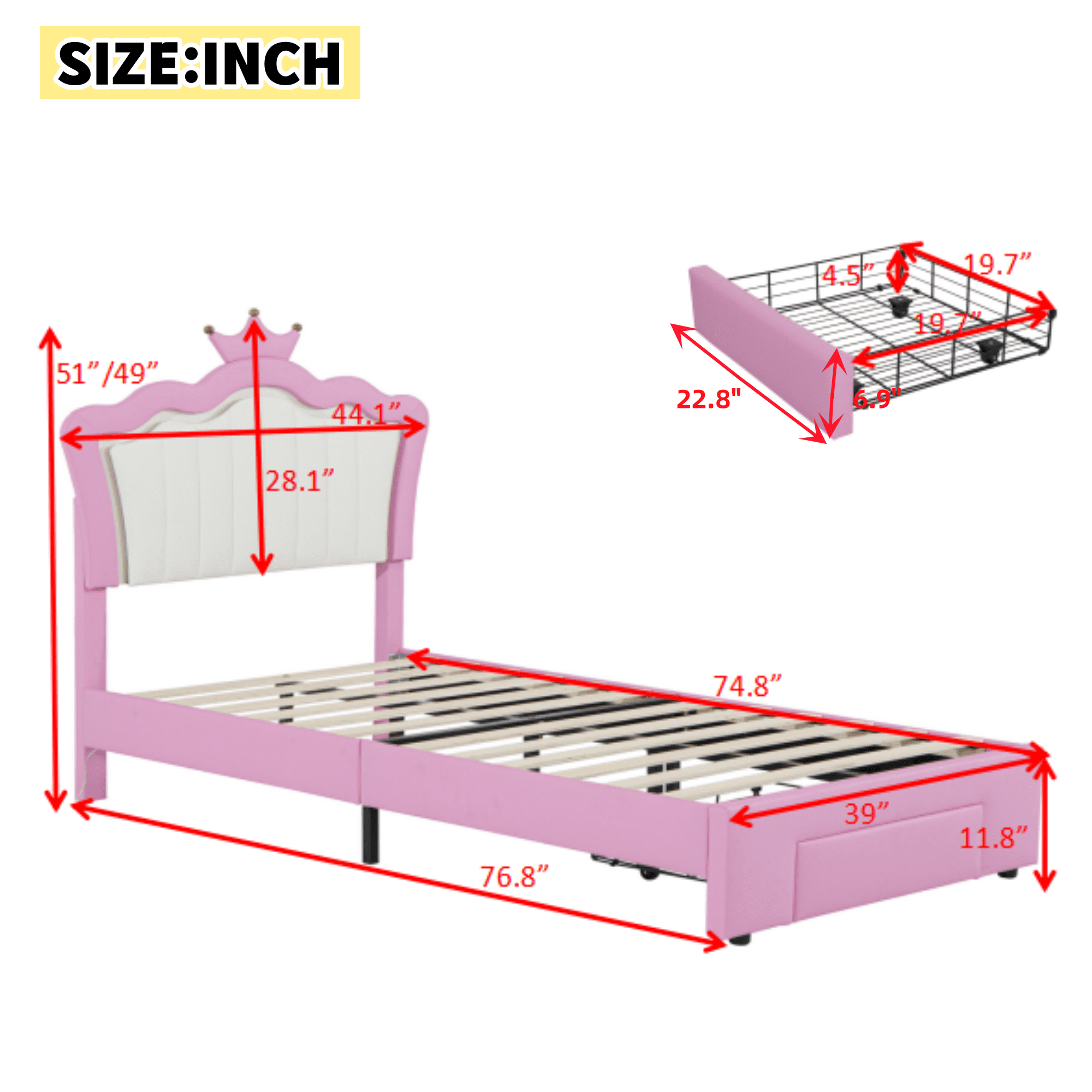 Miniyam Upholstered Twin Size Bed with LED Lights, Crown Headboard for Kids, Pink - Image 4
