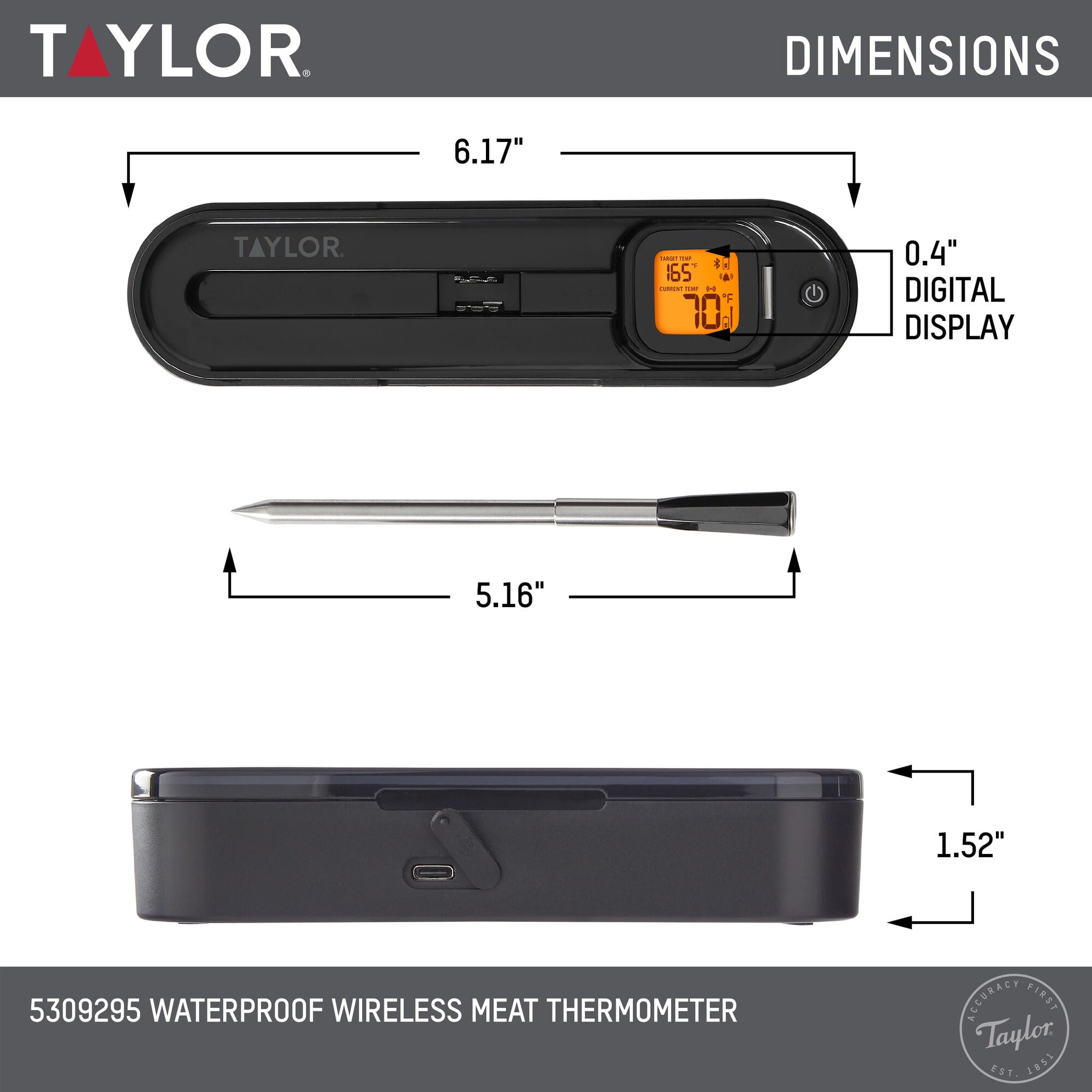 Taylor Waterproof Bluetooth Digital Wireless Grill and Meat Thermometer with Smart Probe Black - Image 9