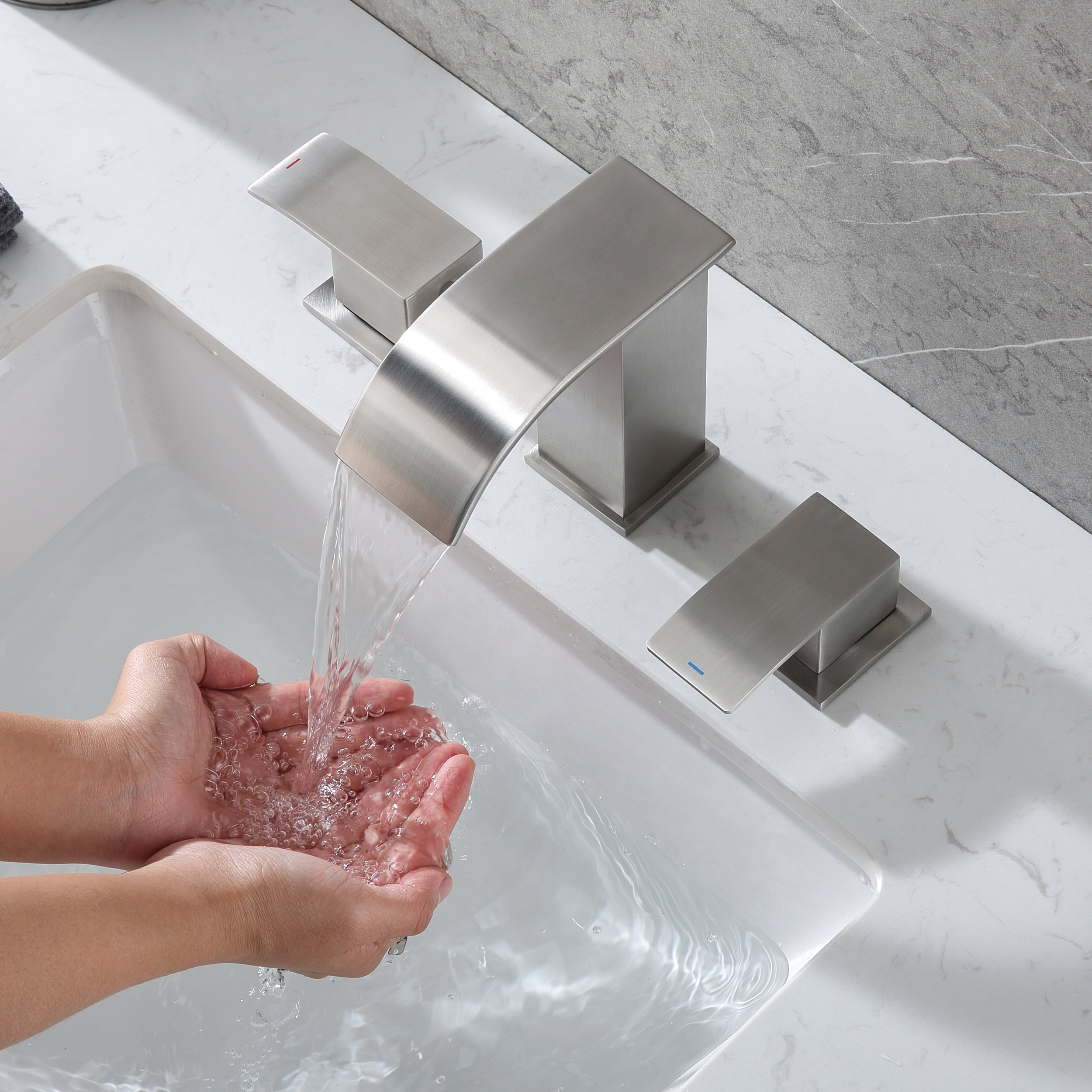 Bathroom Sinks Faucets 2-Handles 8 Inch 3 Hole - Widespread Waterfall Bathroom Sinks Brushed Nickel Faucet Gagalife - Image 4