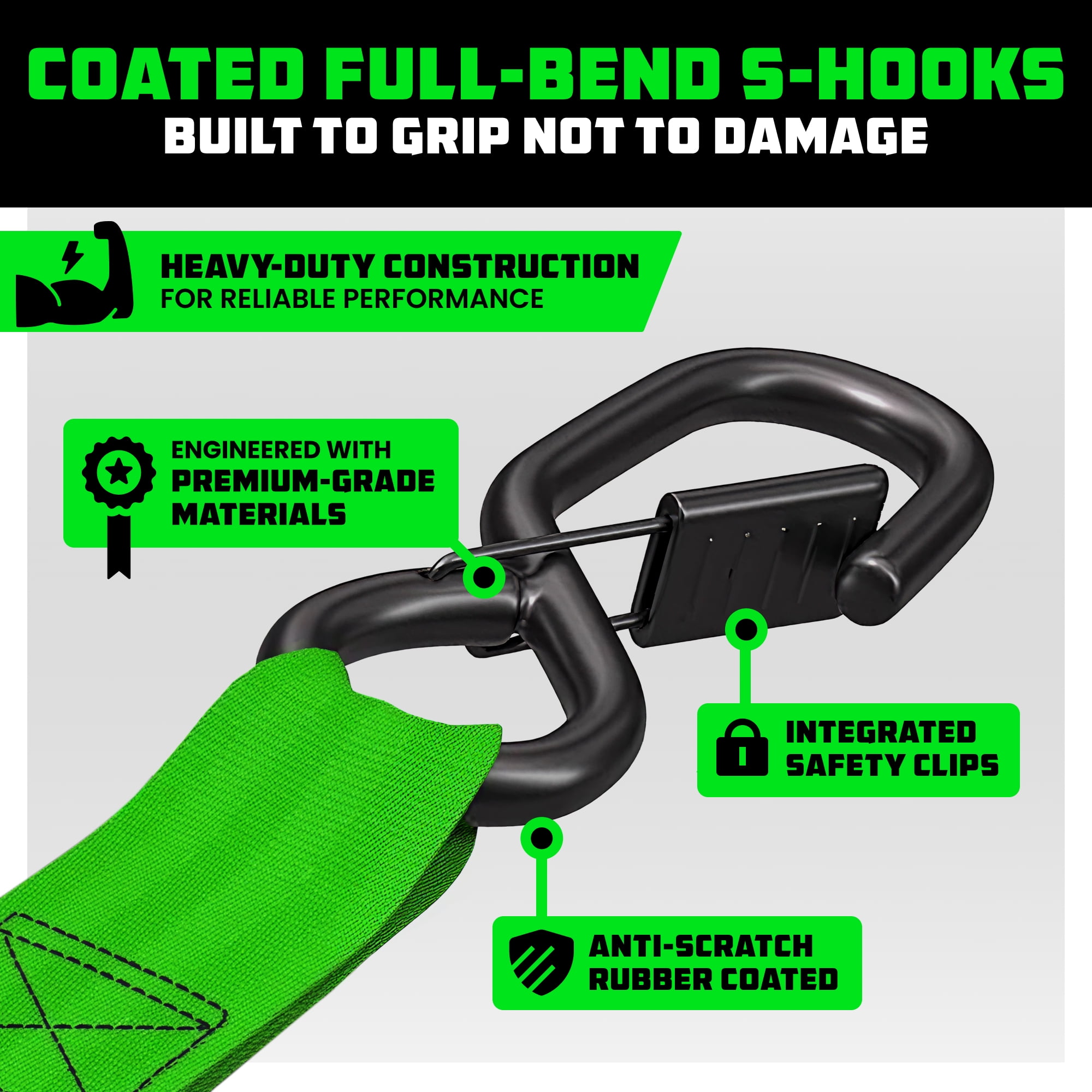 Rhino USA Heavy Duty 2" x 10' Retractable Ratchet Straps 3,033lb Break Strength (Green 2-Pack) - Image 6