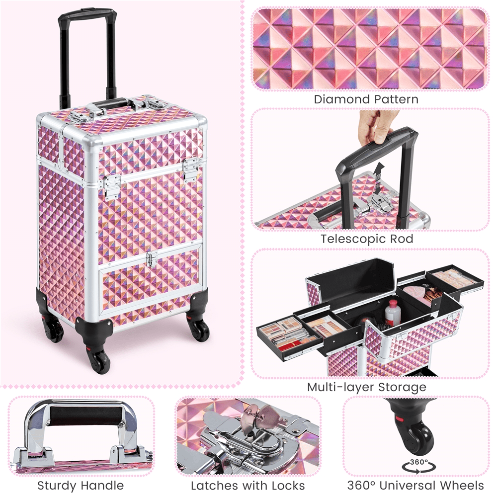 Alden Design Aluminum Cosmetic Makeup Train Case with 4 Side Trays & 1 Slide-out Drawer, Glitter Pink - Image 2