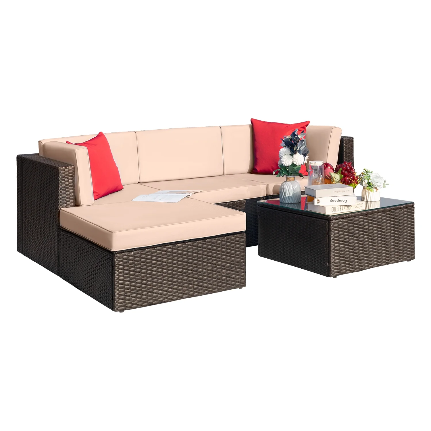 LACOO 5 Pieces Patio Rattan Sectional Set Outdoor Conversation Set , Beige - Image 2