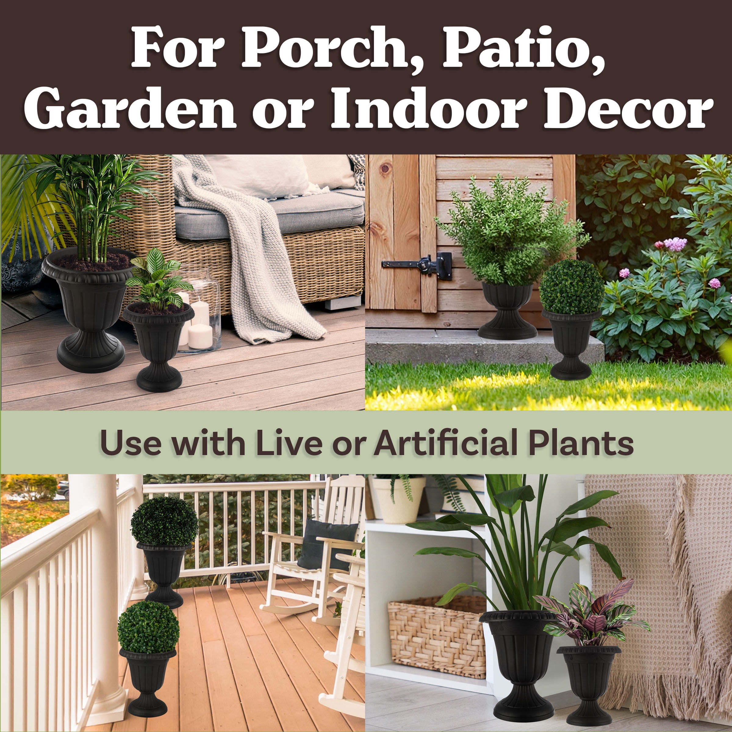 Pure Garden Large and Small Outdoor Urn Planter 2-Pack, Black - Image 8