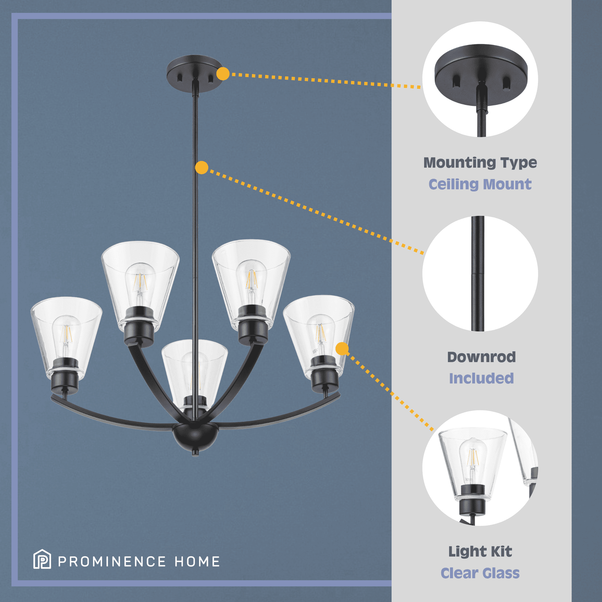 Prominence Home Fairendale Matte Black 5-Light Chandelier with Clear Glass - Image 11