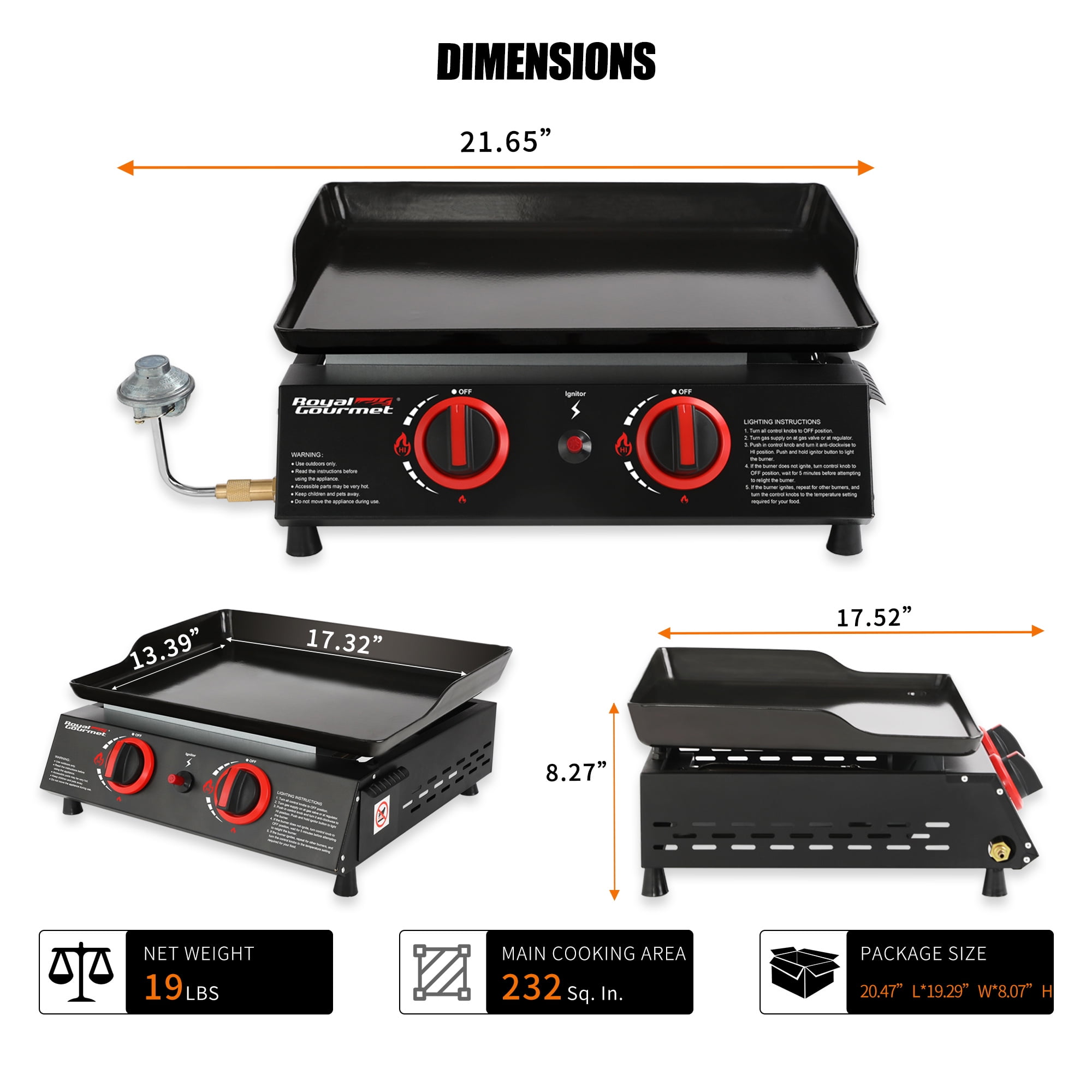 Royal Gourmet 18" PD1203A 2-Burner Portable Countertop Griddle, 16,000 BTU Gas Grill Griddle - Image 2