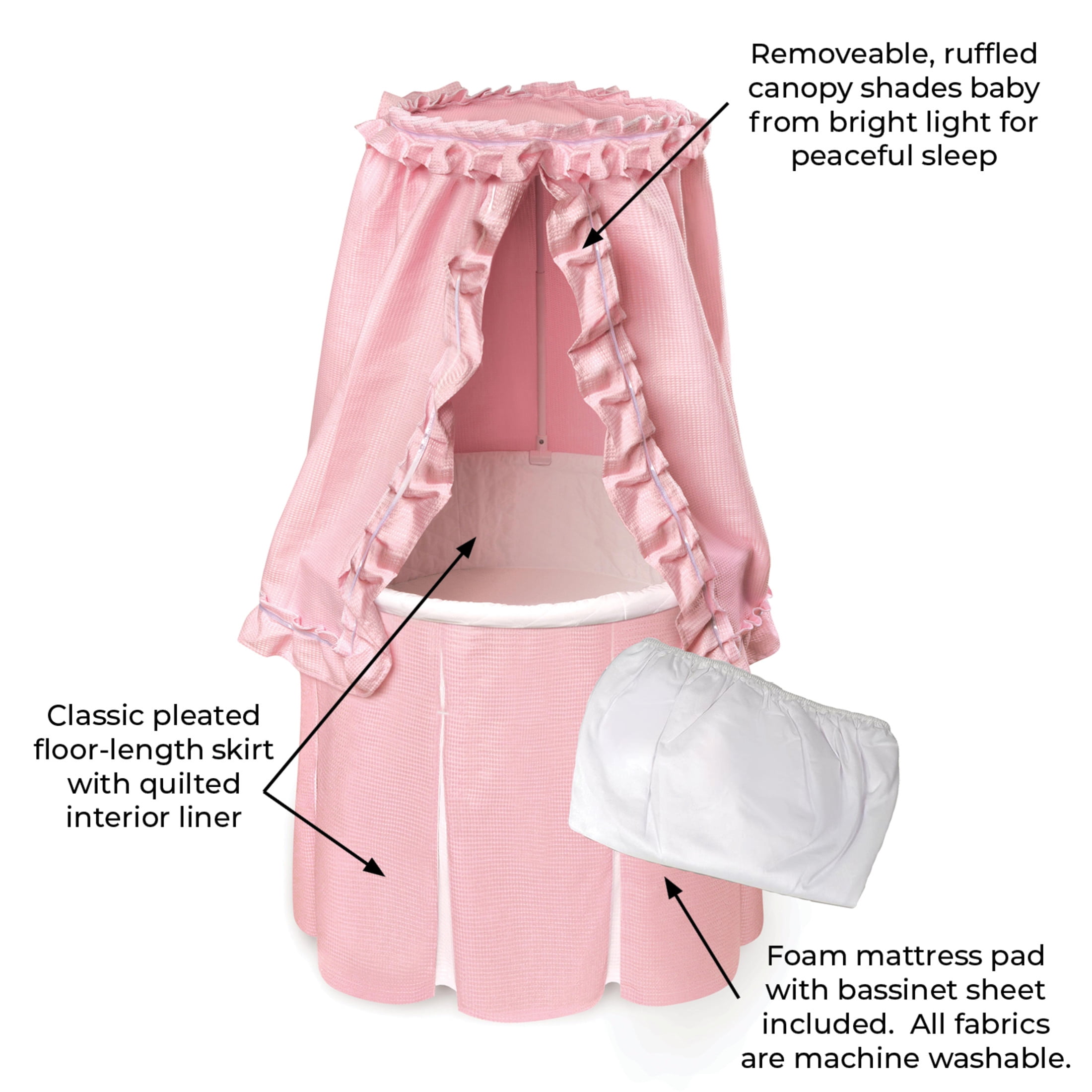 Badger Basket Empress Round Baby Bassinet with Canopy - Pink Bedding with White Pleats - Image 5