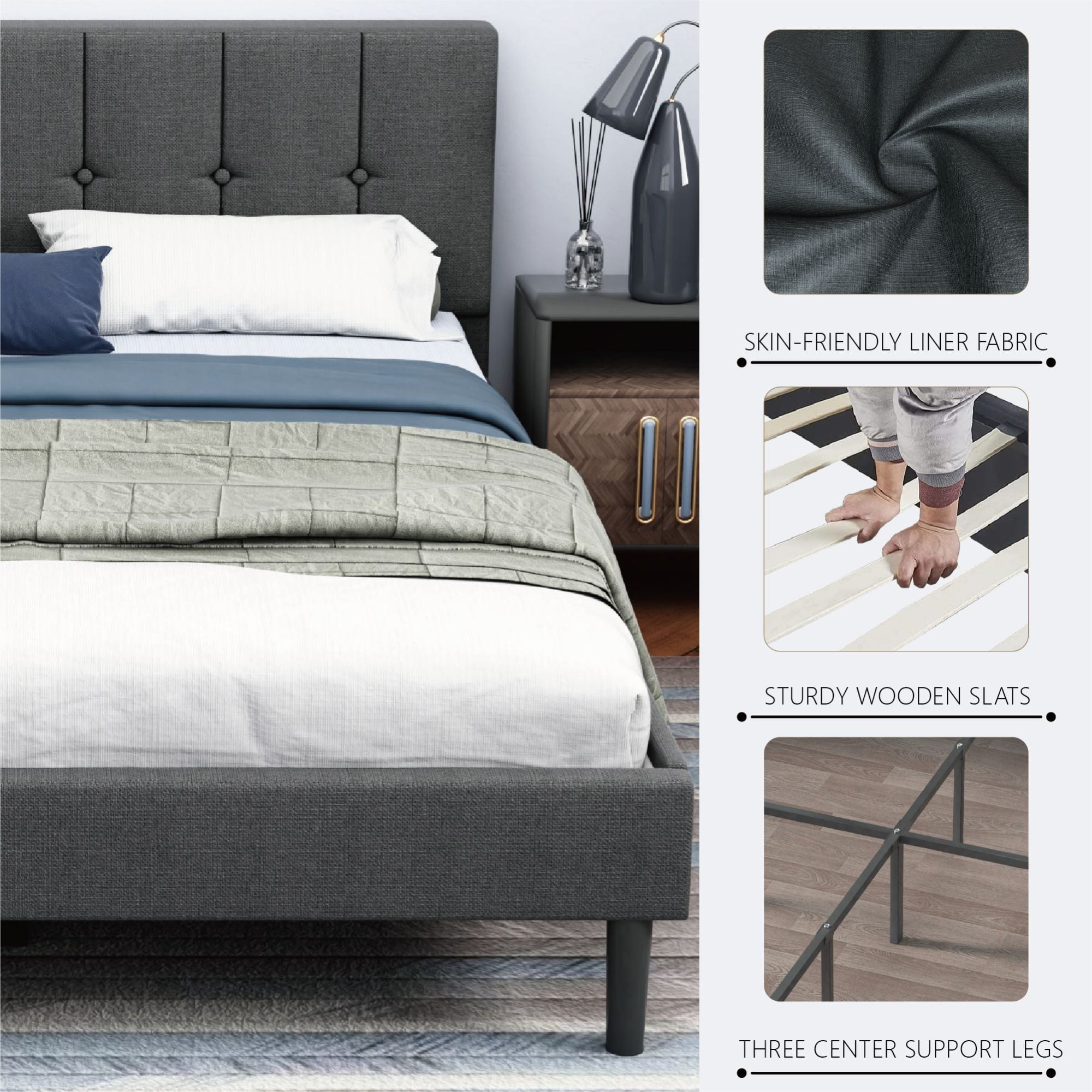 Lijimei Queen Upholstered Platform Bed with Storage and Installation Tools, Dark Gray - Image 8