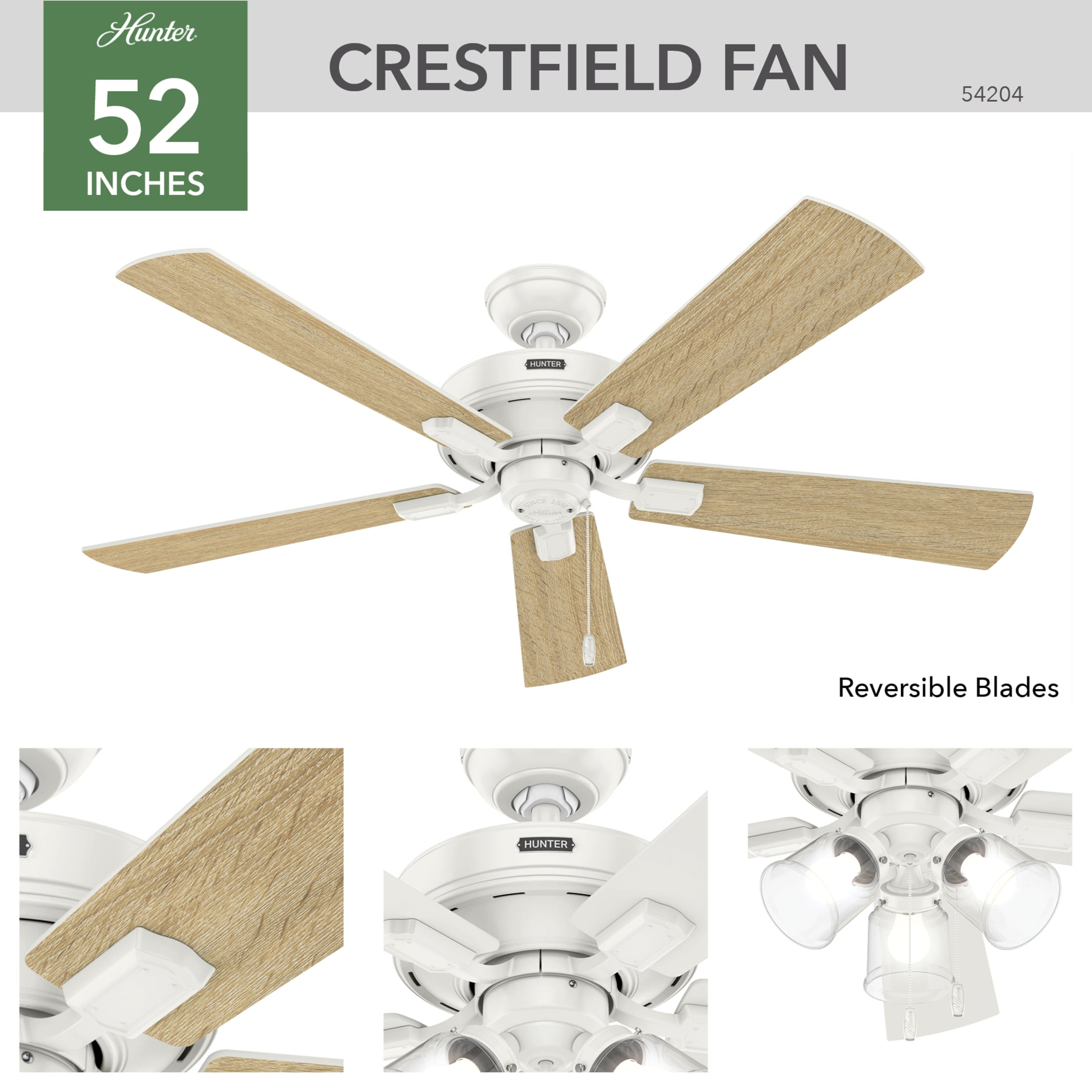 Hunter 52 inch Indoor Ceiling Fan with LED Lights and Pull Chain - White Ceiling Fan, 5 Blades, Standard Mount, For Bedroom, Living Room, or Kitchen, 3 inch Downrod - Crestfield 54204, Fresh White - Image 4