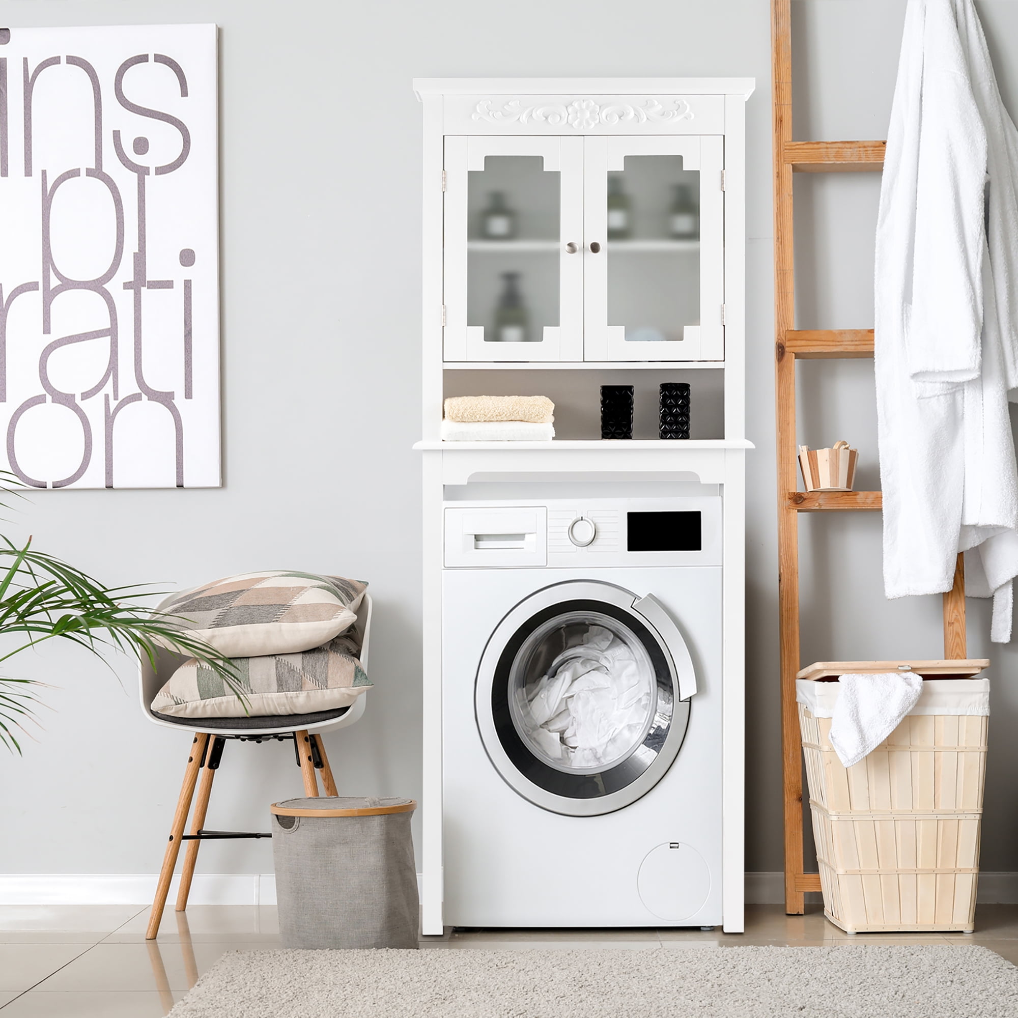 Costway Over The Toilet Bathroom Space Saver Carved Top Toilet Rack w/ Adjustable Shelf - Image 2