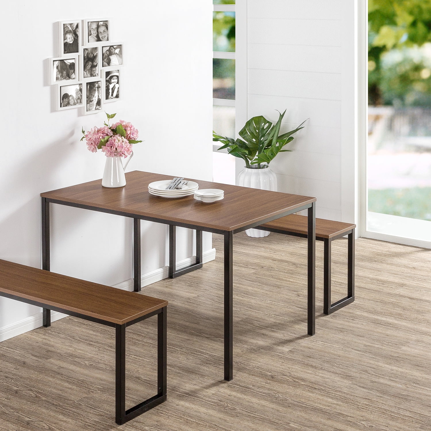 Zinus Louis 48” Brown Metal Frame Indoor Dining Table with Benches, 3 Piece Dining Set - Image 3