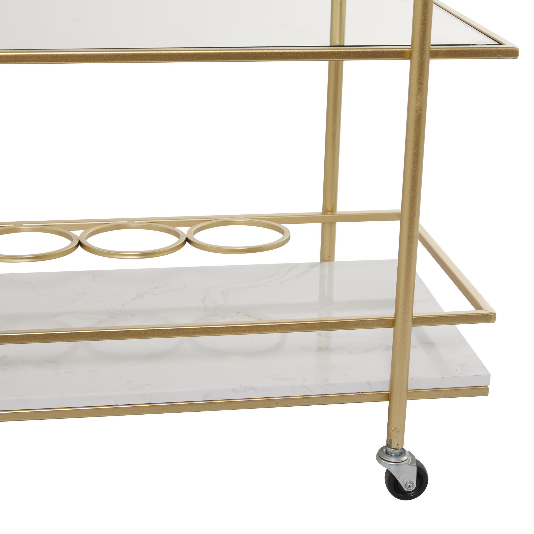 DecMode 27" x 33" Gold Marble Rolling 2 Shelf Bar Cart with Handles, 1-Piece - Image 11
