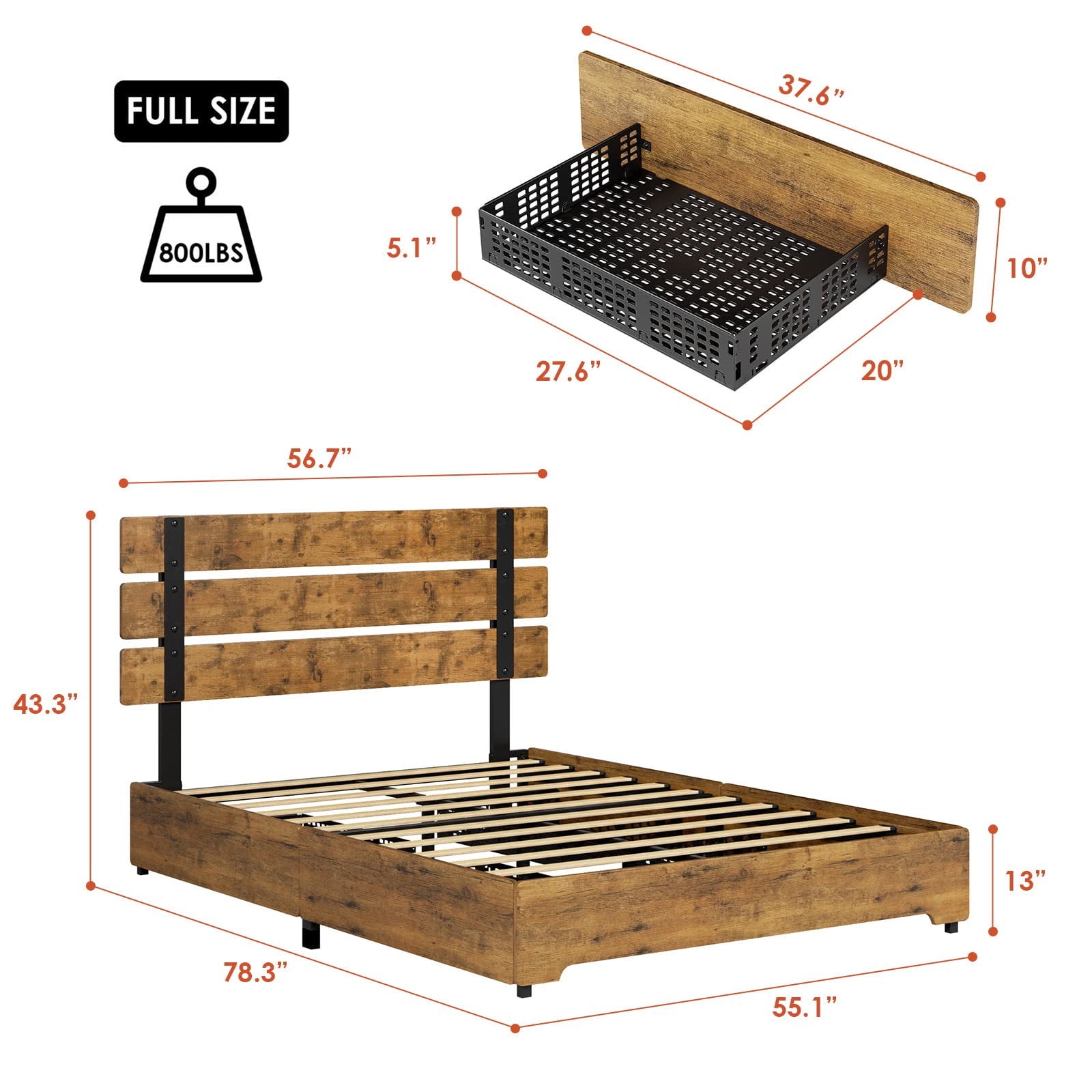 Homfa Full Size Bed Frame with 4 Storage Drawers, Industrial Wood and Metal Panel Headboard, Rustic Brown - Image 3