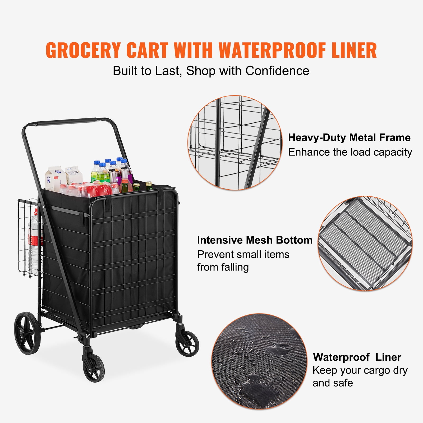 KFFKFF Collapsible Shopping Trolley with Detachable Rainproof Cover, 330LBS Spacious Grocery Cart with Double Basket, Omni-directional Wheels, Sturdy Metallic Mesh Foundation, - Image 3
