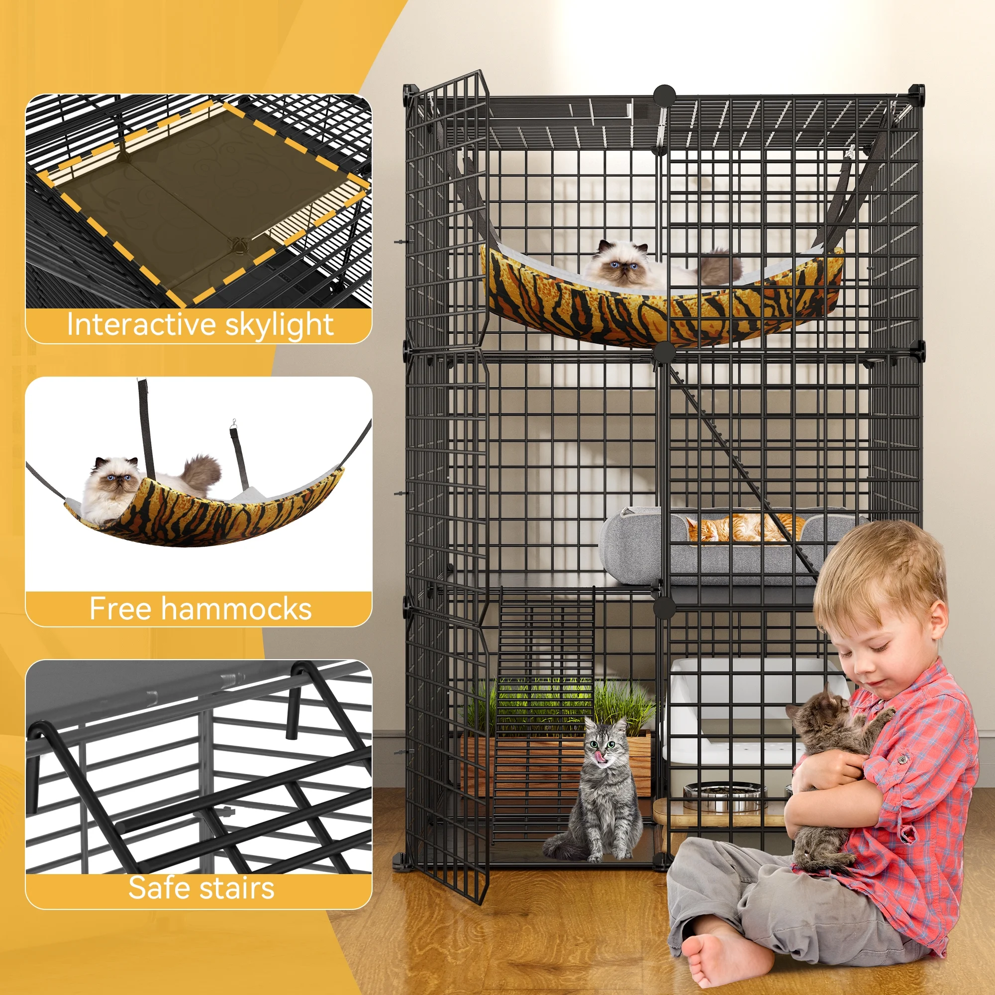 Dextrus 3-Tiers Cat Cage,Cat Enclosures Metal Cat Kennels Pet Crate with Extra Large Hammock for 1-2 Cats - Image 6