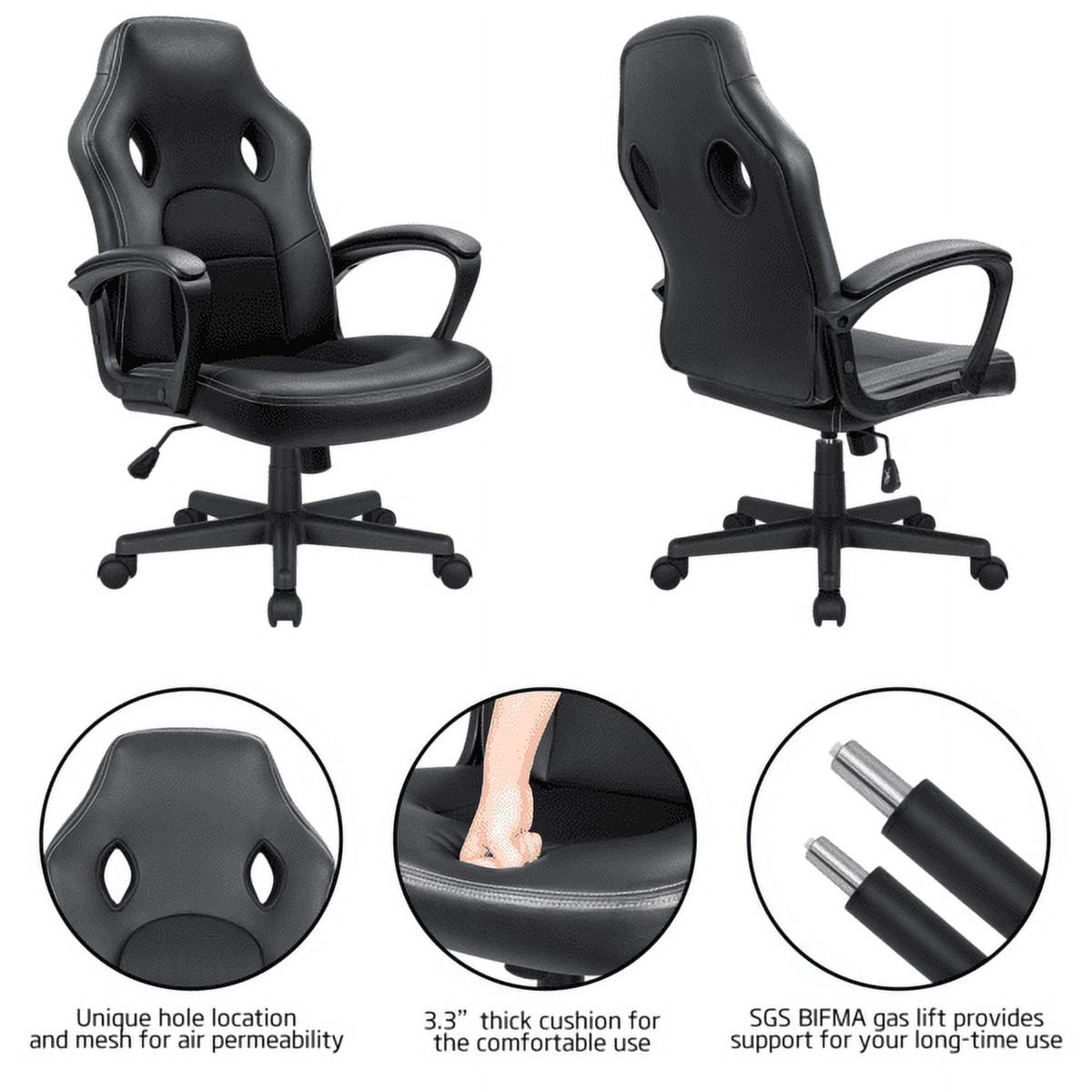 Vineego High Back Office Chair Faux Leather Gaming Racing Chair Ergonomic Adjustable Swivel Executive Chair, Black - Image 3