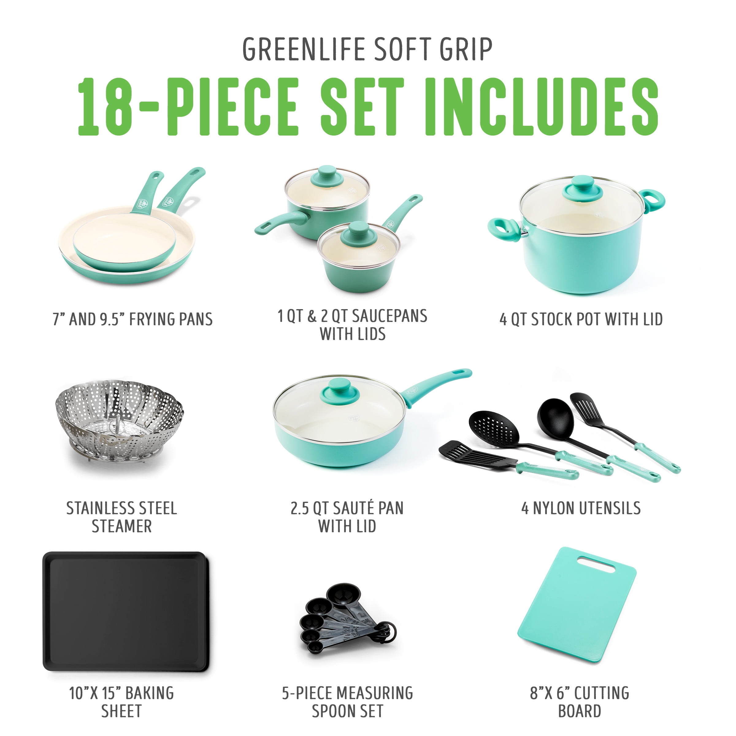 GreenLife 18-Piece Ceramic Nonstick Cookware Set, Dishwasher Safe, Soft Grip Handles, Turquoise - Image 7