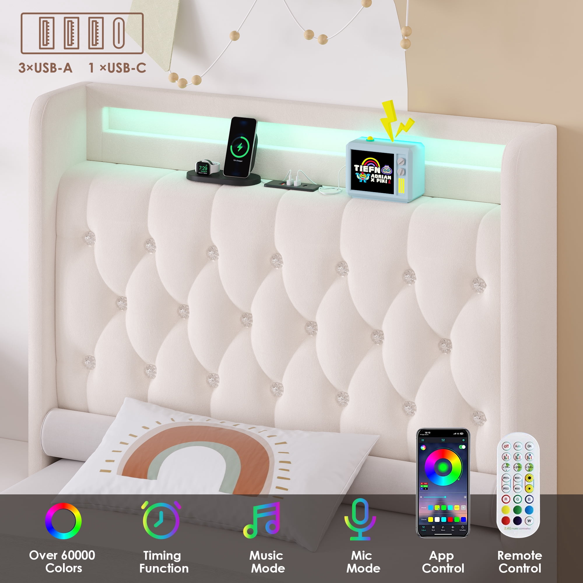 Homfa Twin Bed Frame with LED Light & Charge Station, 2 Storage Drawers Modern Upholstered Wingback Platform Bed Frame, Beige Velvet - Image 6