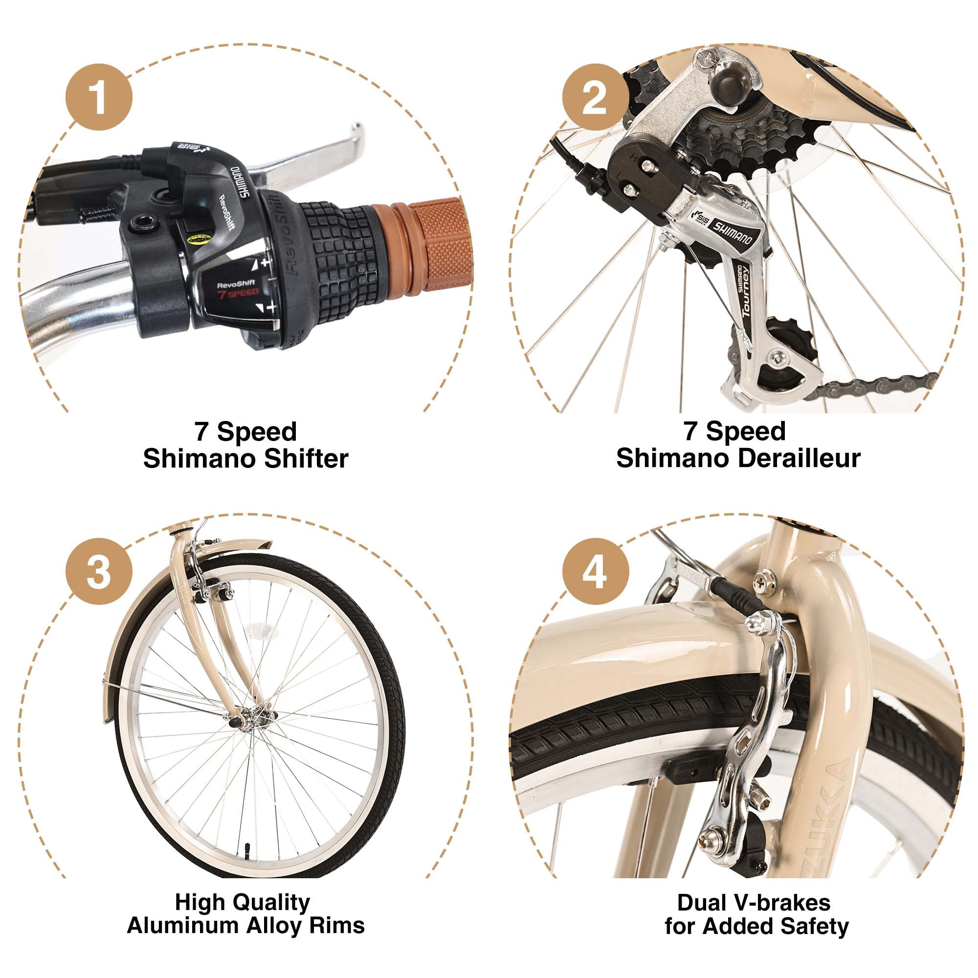 Aukfa 26" Cruiser Bike, 7 Speed Bicycle Hybrid Bikes for Women Girls Ladies, Buttermilk - Image 6