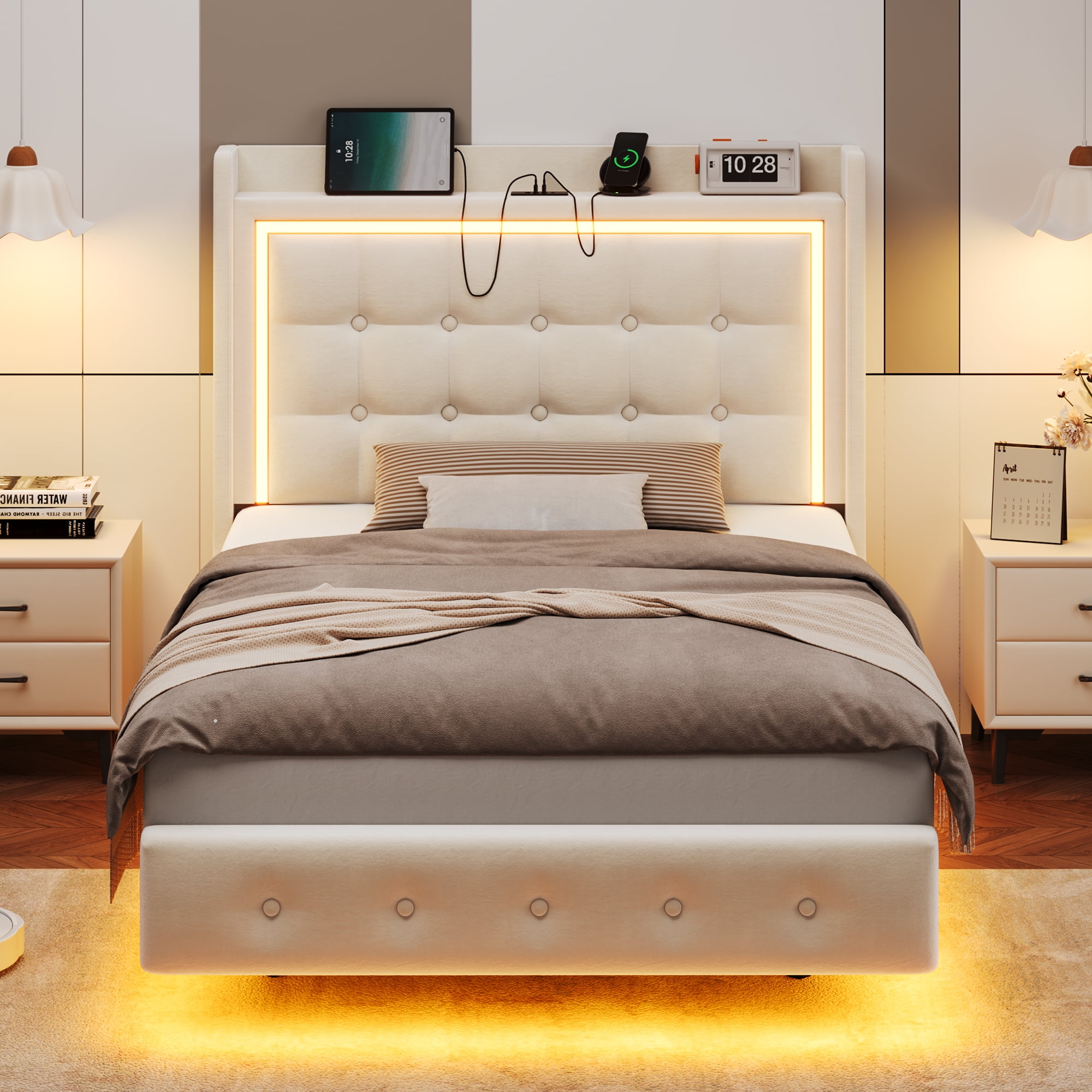 Homfa Twin Size Floating Bed Frame with RGB LED Lights Charging Station, Modern Velvet Upholstered Platform Bed Frame with Storage Headboard, Off-White - Image 2