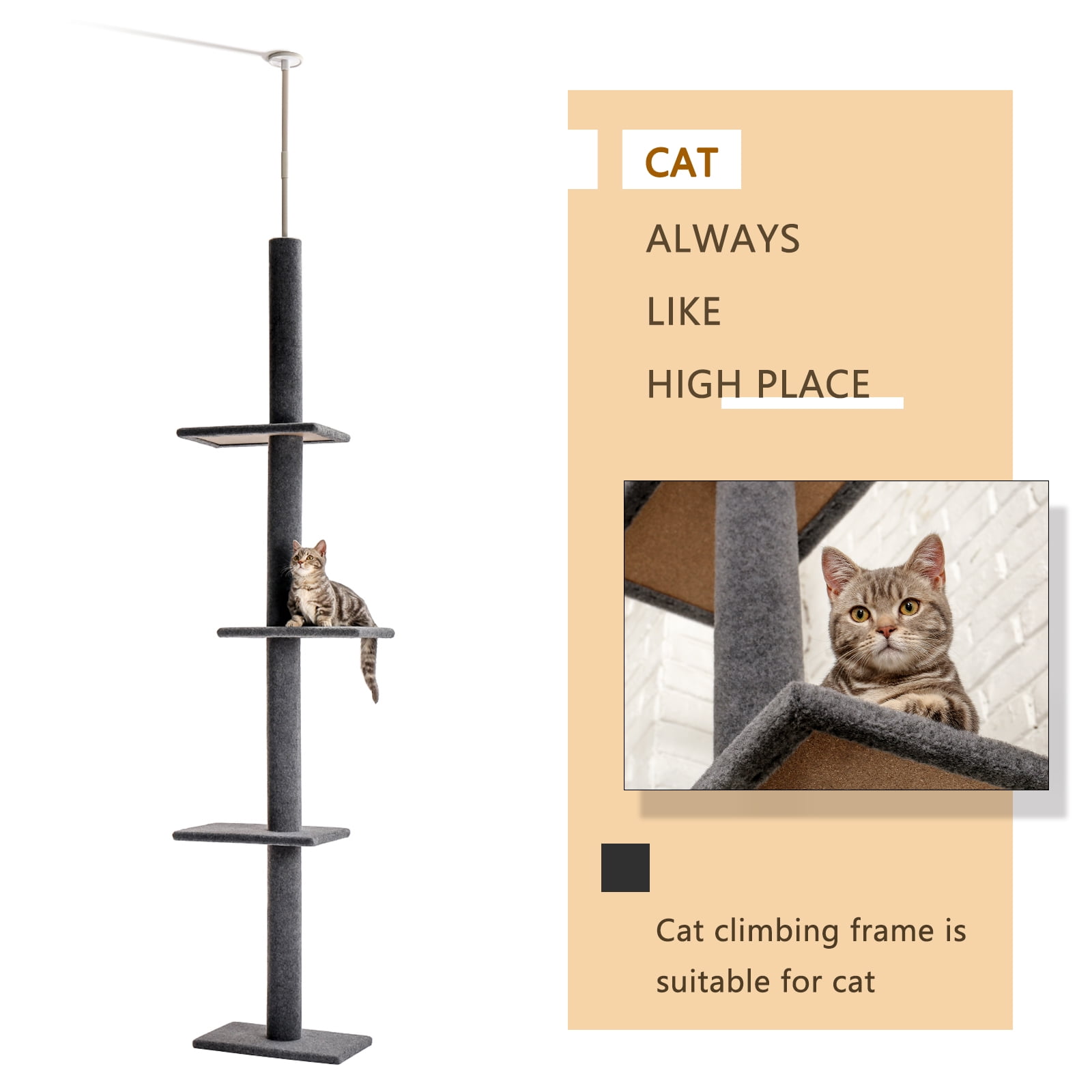 PAWZ Road 90-107" Floor to Ceiling Cat Tree Tower 4 Tier Tall Cat Climbing Posts Adjustable, Gray - Image 12