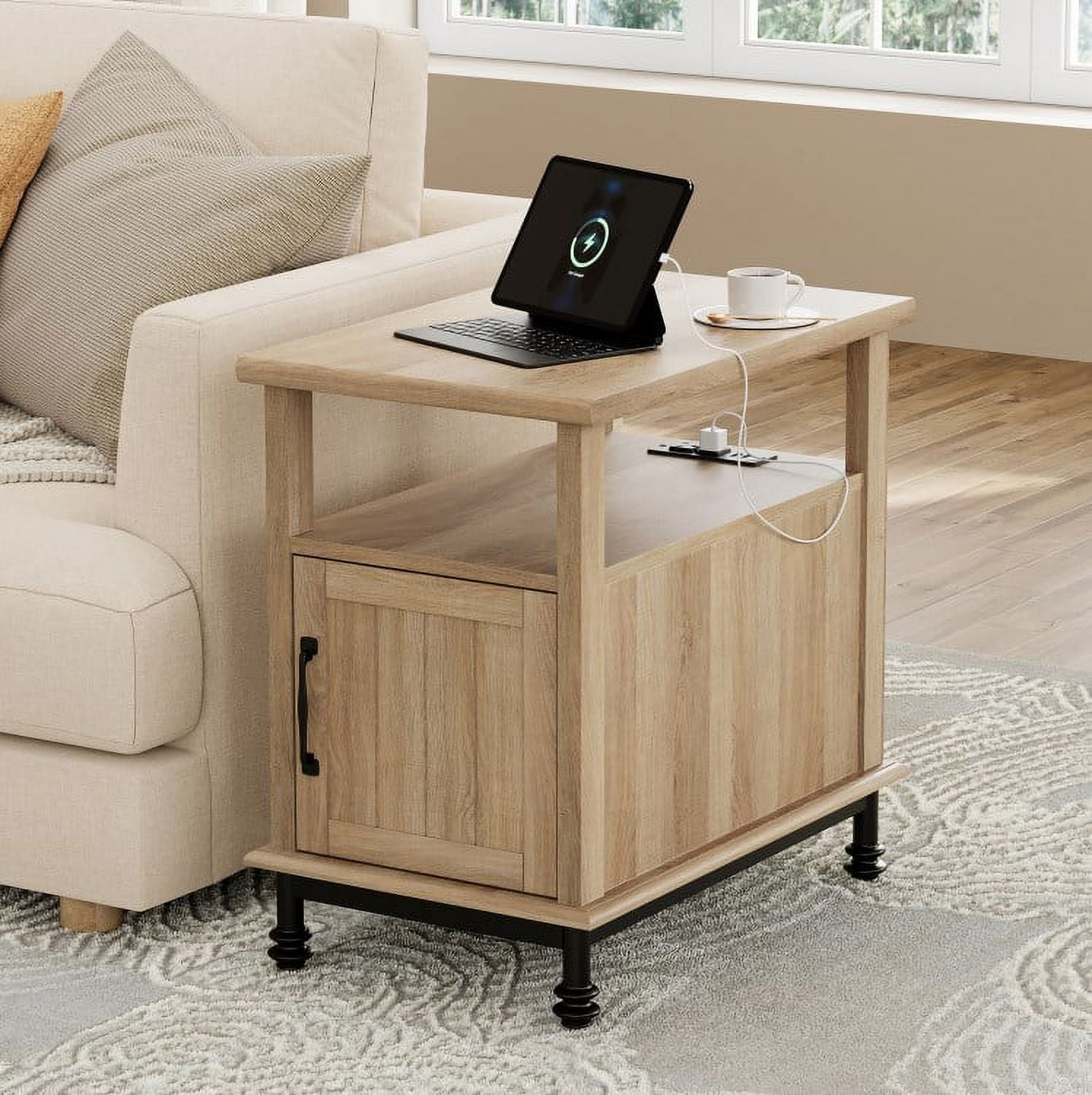 Oak End Table Bedside Table with Charging Station & Cabinet for Bedroom, Side Table for Living Room, 23.6 inches - Image 4