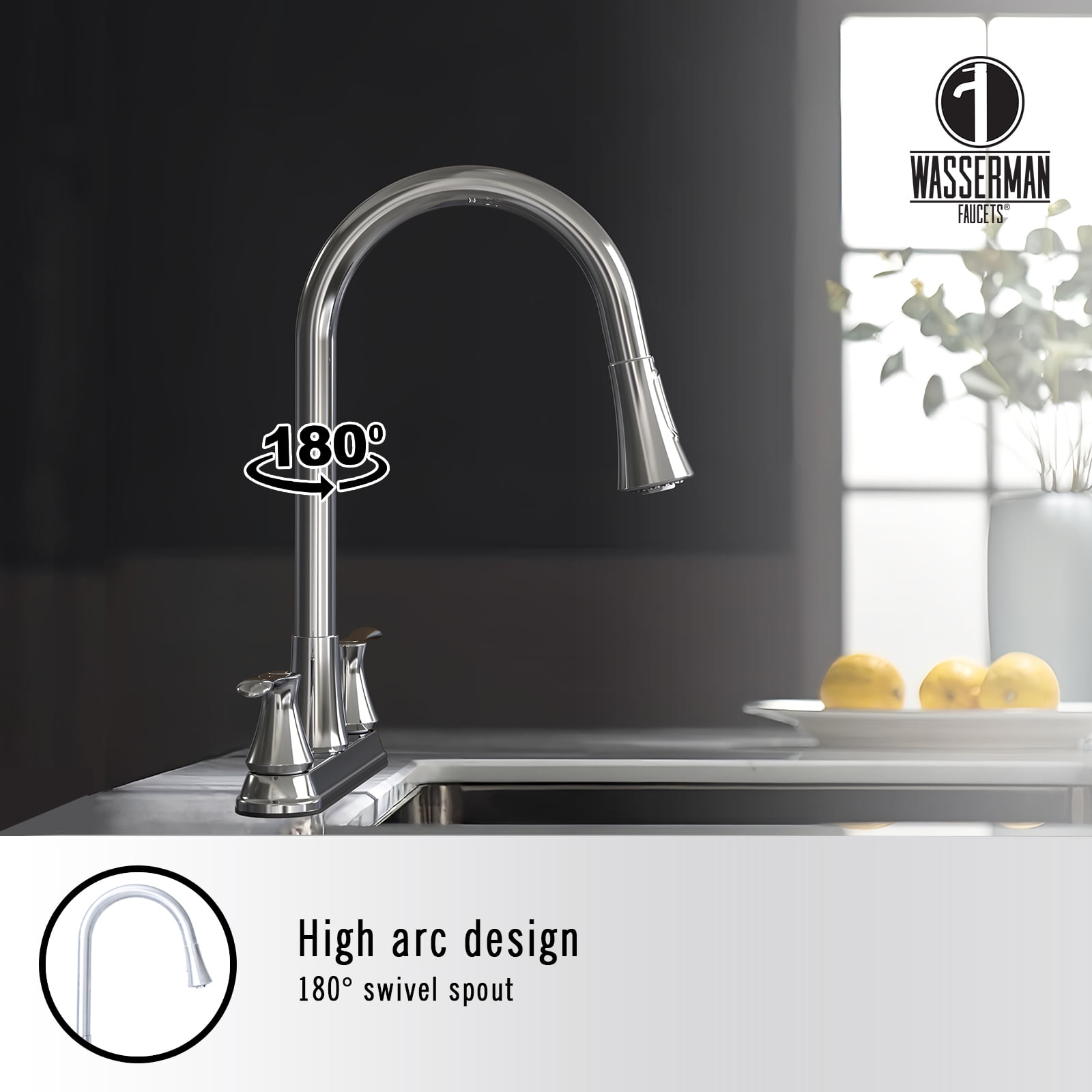 Wasserman 22167043 - Kitchen Sink Faucet Double Handle Pull Down Spray in Chrome - Image 7