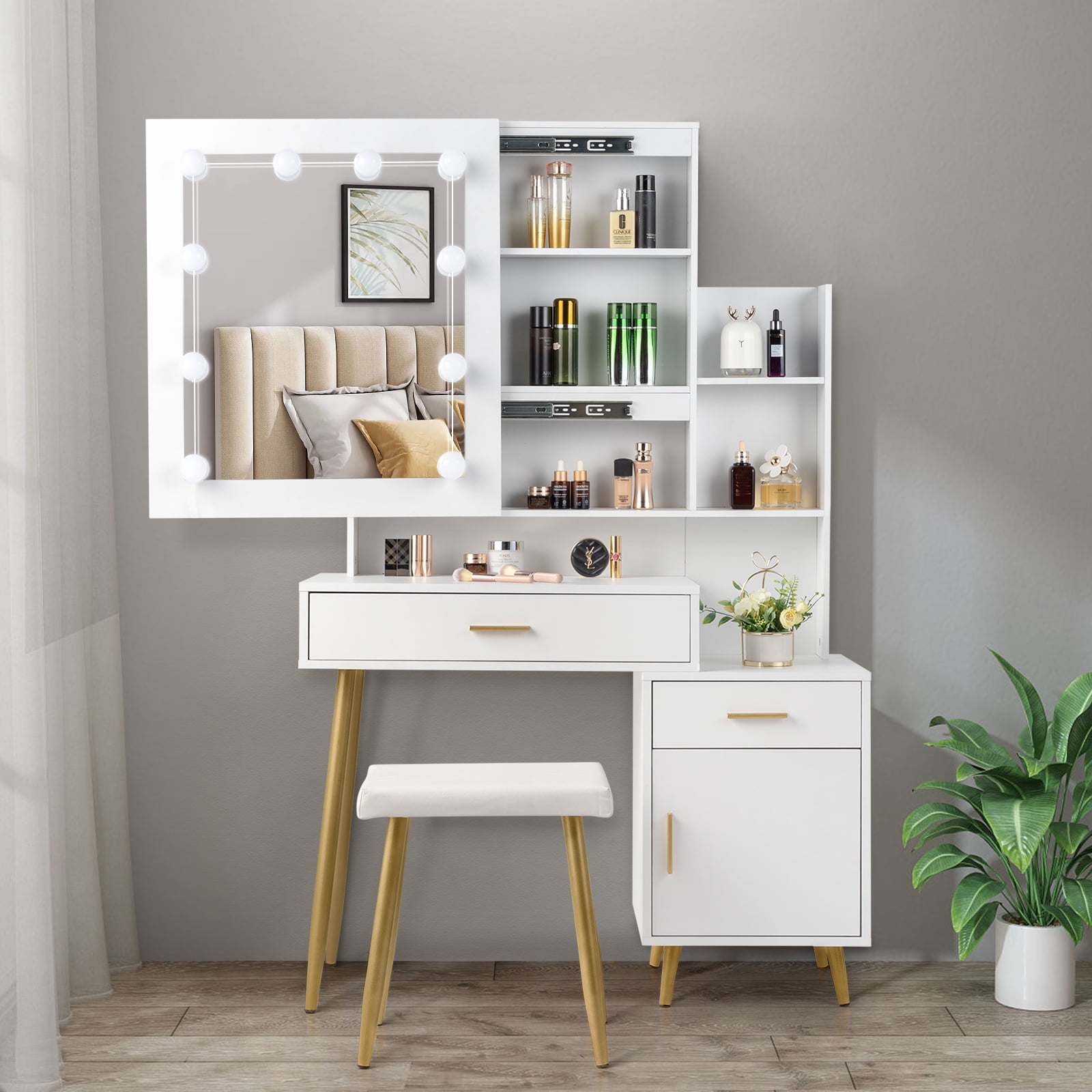 Ktaxon Vanity Table Set with Sliding Mirror, Makeup Table with Storage Cabinet, Dressing Vanity Tables, Dresser Desk for Girls, Women, White - Image 9